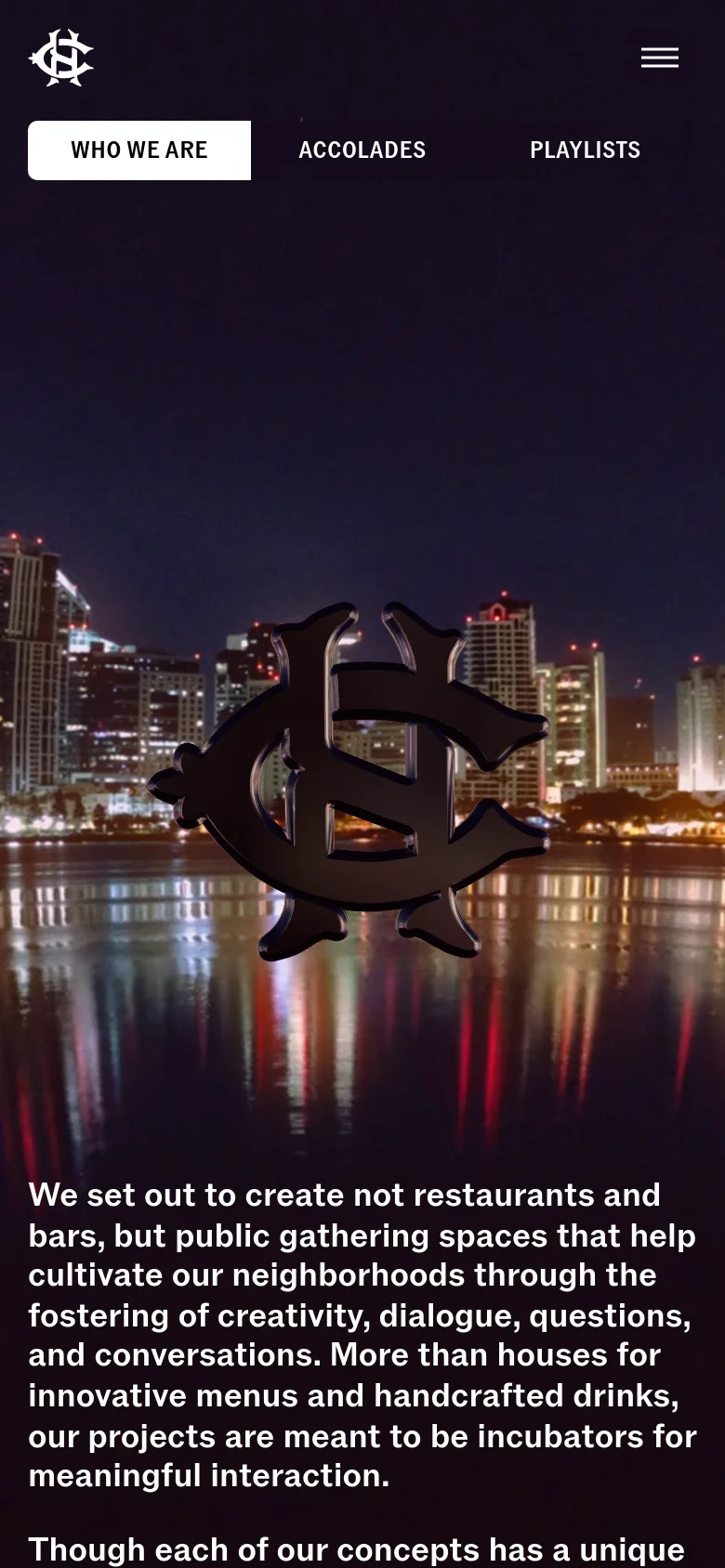 The mobile version maintains the dark aesthetic and hero image of the city skyline and metallic logo but uses a more vertical layout. The navigation links are condensed, and the text content is stacked vertically to fit the narrower screen, ensuring readability of the mission statement against the black background.