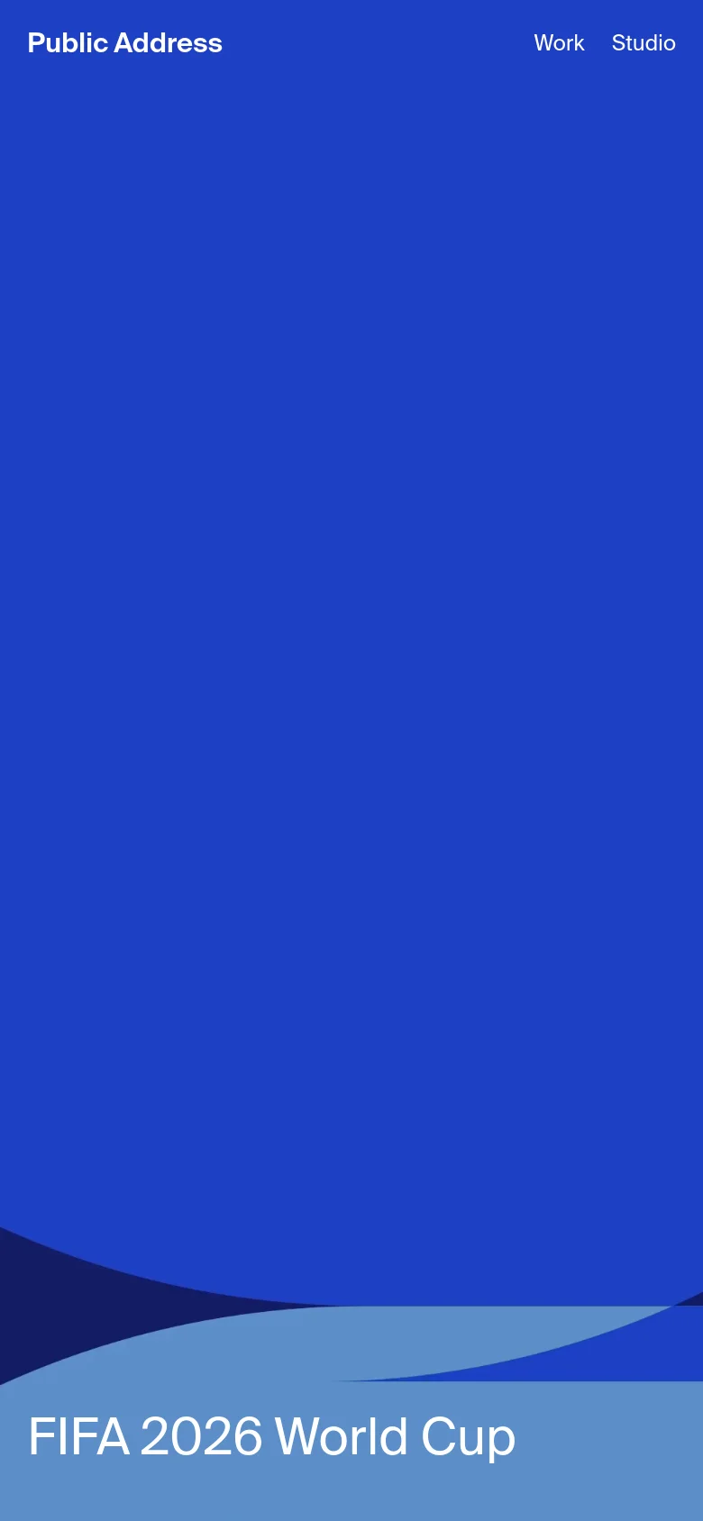 The mobile version maintains the minimalist aesthetic but uses a bright blue background with flowing, wave-like dark blue shapes at the bottom. The navigation is simplified at the top, and the 'FIFA 2026 World Cup' headline is positioned at the bottom left over a light blue gradient.