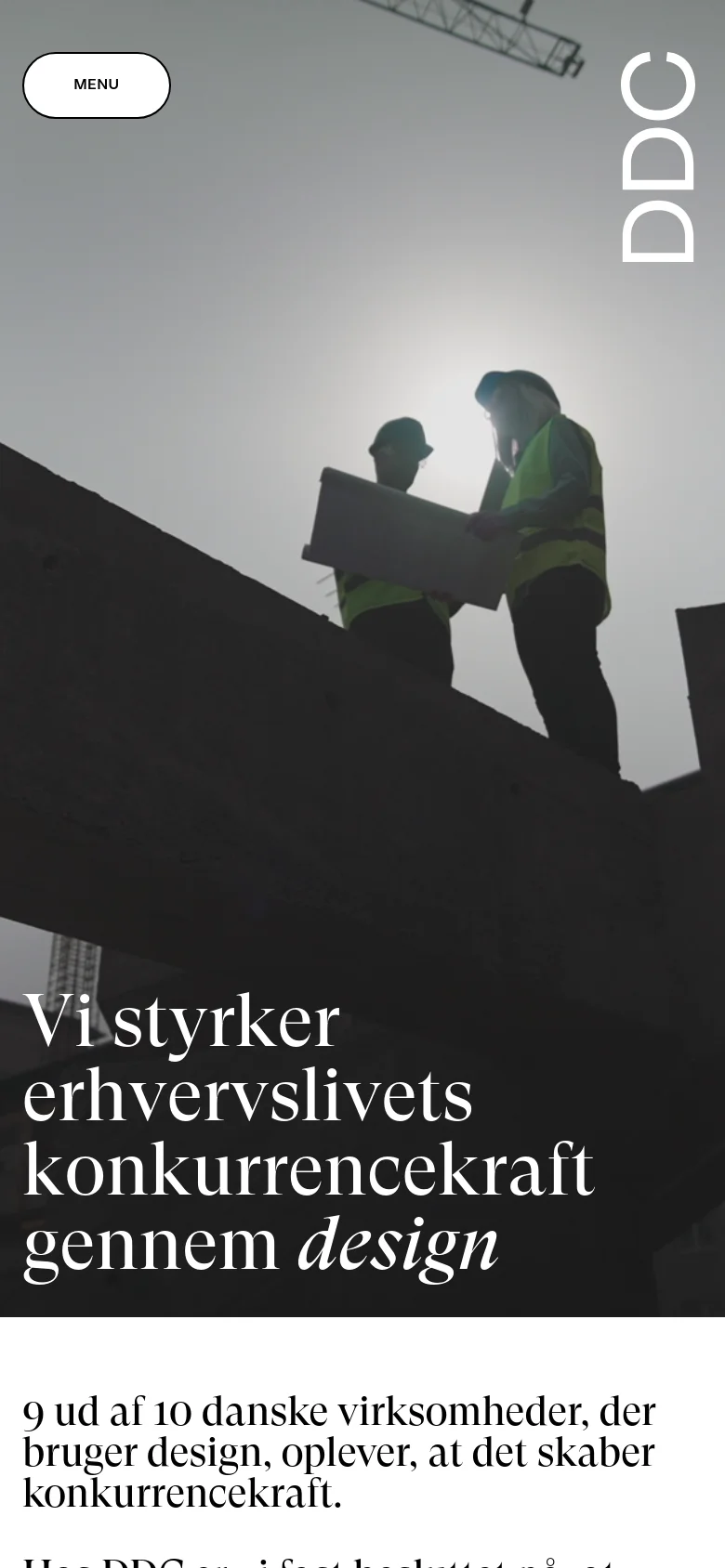 The mobile version presents a vertically stacked layout, starting with a large hero image of construction workers and the main headline. The navigation is condensed into a prominent 'MENU' button, and the content flows into a single-column view of text and case studies below the hero section.