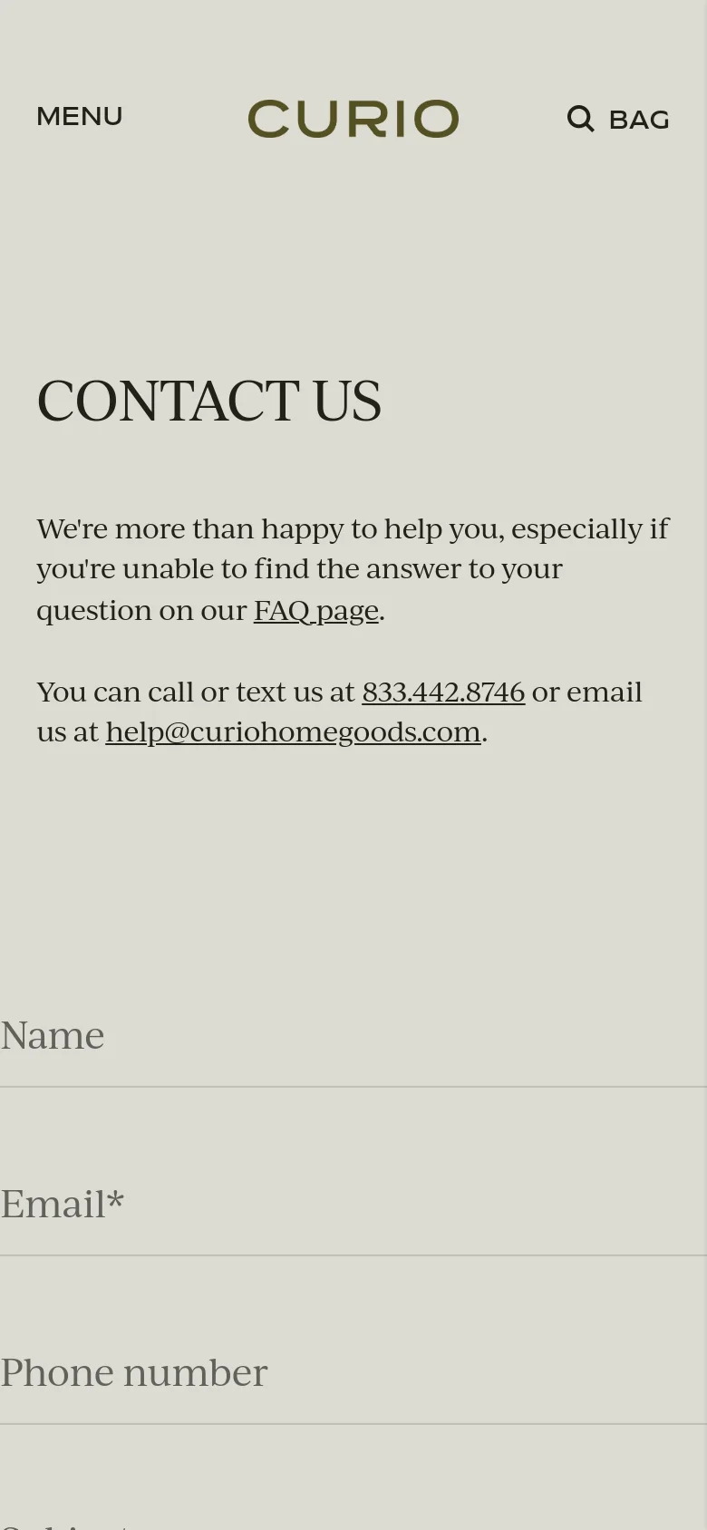 The mobile version maintains the minimalist beige and dark text aesthetic but uses a simplified header with 'MENU' on the left, the 'CURIO' logo in the center, and a search icon and 'BAG' on the right. The 'CONTACT US' headline and contact information are stacked vertically, followed by the contact form fields.