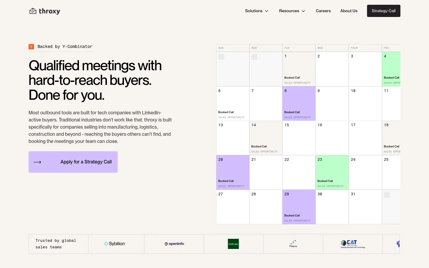 Throxy homepage featuring a minimalist B2B SaaS design with a light gray and white palette. The hero section displays the headline Qualified meetings with hard-to-reach buyers. Done for you. alongside a large interactive calendar UI component and a prominent Apply for a Strategy Call button.