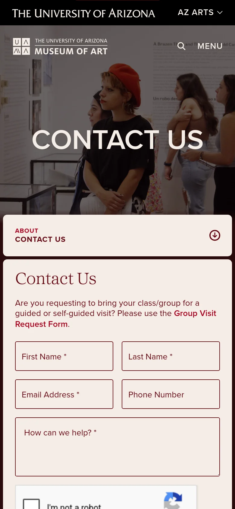 Mobile version of the University of Arizona Museum of Art contact page with a stacked layout. The hero image and CONTACT US headline appear at the top, followed by a single-column contact form with full-width input fields for name, email, and message.