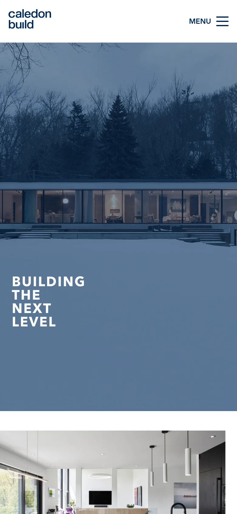 The mobile version simplifies the layout, showing the hero image with the company logo at the top left and a 'MENU' hamburger icon at the top right. The large 'BUILDING THE NEXT LEVEL' headline is prominently centered over a blue overlay on the hero image.