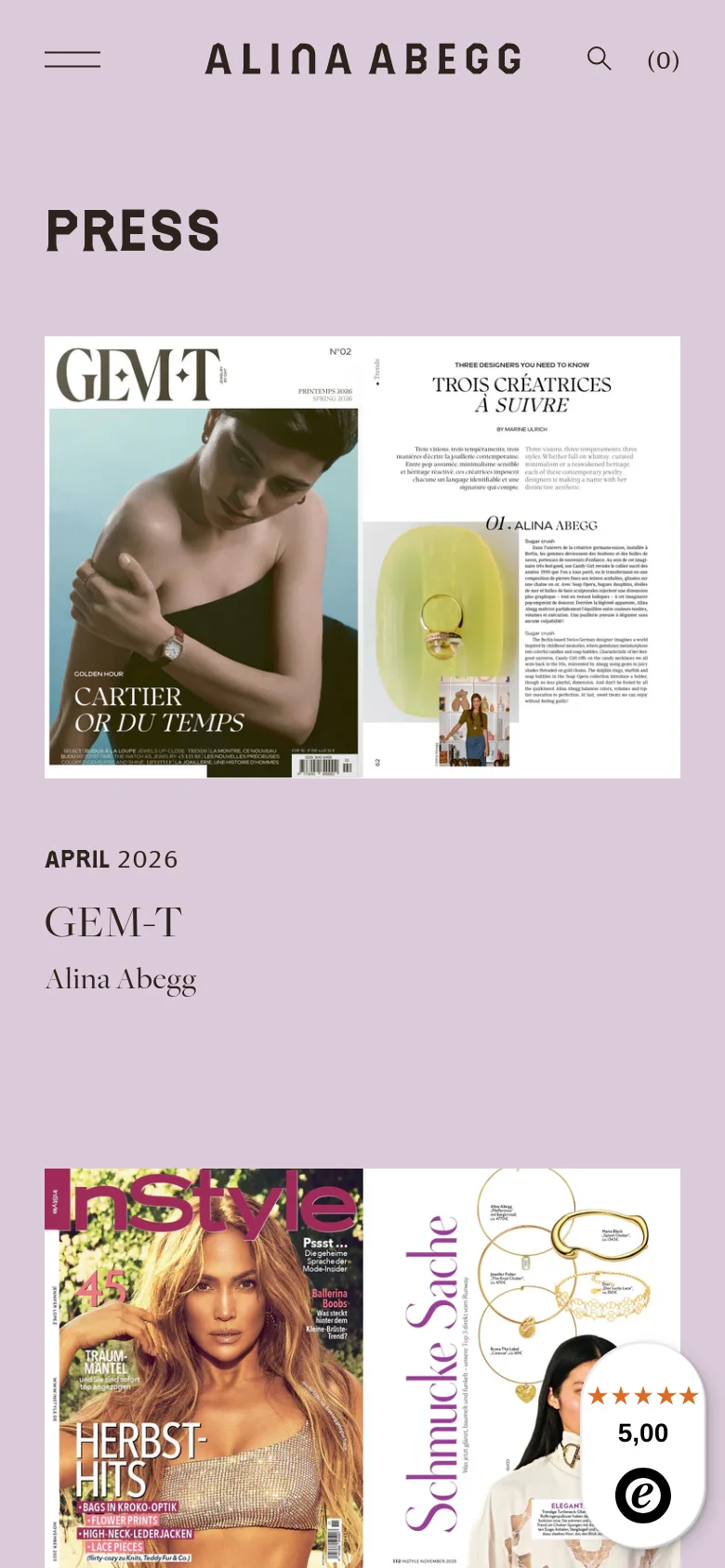 The mobile version maintains the lavender background and bold 'PRESS' heading but transitions the content into a single-column vertical scroll. Magazine covers and press details are stacked vertically for easier reading on smaller screens.