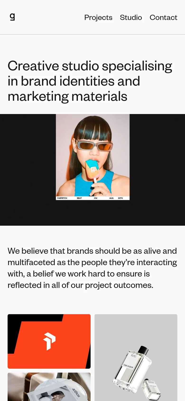 The mobile version maintains the minimalist white and black aesthetic but uses a single-column vertical layout. The headline is centered and stacked, followed by a single large hero image, with project tiles and text blocks appearing in a continuous vertical scroll for easier mobile viewing.