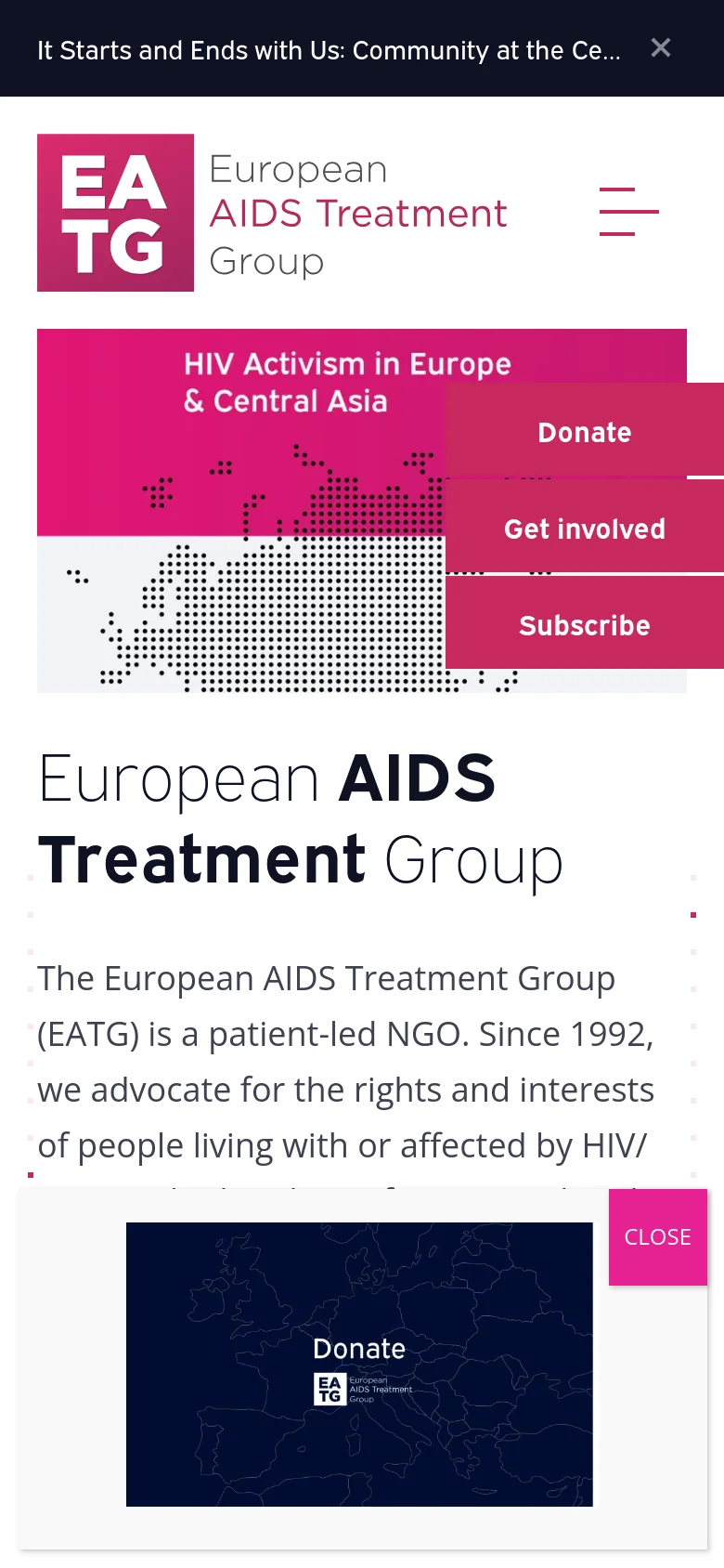 The mobile version presents a simplified vertical layout with a hamburger menu icon at the top right. The pink hero section with the headline 'HIV Activism in Europe & Central Asia' spans the width of the screen, and the Donate, Get involved, and Subscribe buttons are stacked vertically over the hero image.