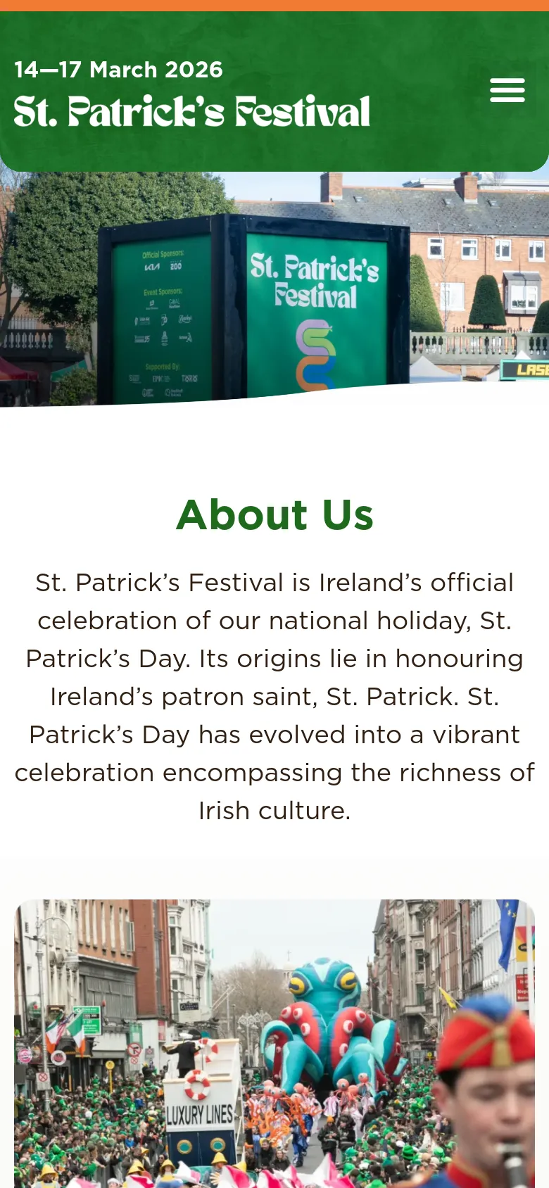 The mobile version maintains the green header and festival branding but uses a hamburger menu icon for navigation to save space. The hero image and 'About Us' text are stacked vertically, and the content is scaled to fit a narrow portrait orientation, ensuring readability on smaller screens.