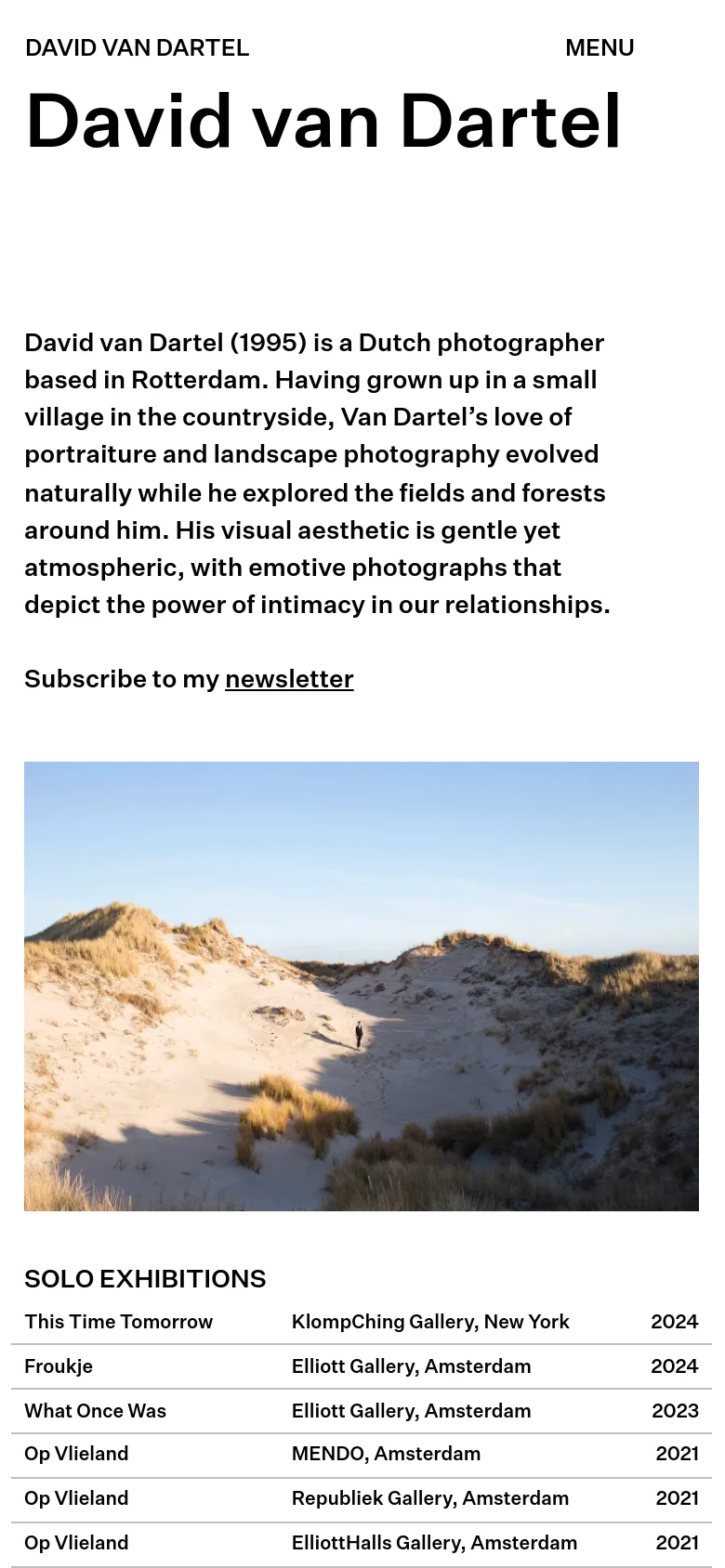 The mobile version presents a single-column vertical layout with the large 'David van Dartel' headline at the top. The biographical text and newsletter link are followed by the large sand dune photograph, with the exhibition lists stacked vertically beneath it for easier scrolling.