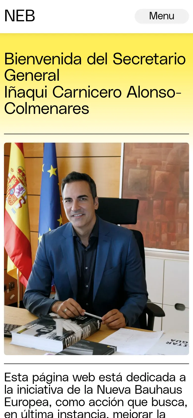 The mobile version maintains the same color scheme and content but uses a single-column vertical layout. The header is condensed, the yellow headline section is narrower, and the portrait image is scaled down to fit the portrait screen width, with text flowing directly underneath.