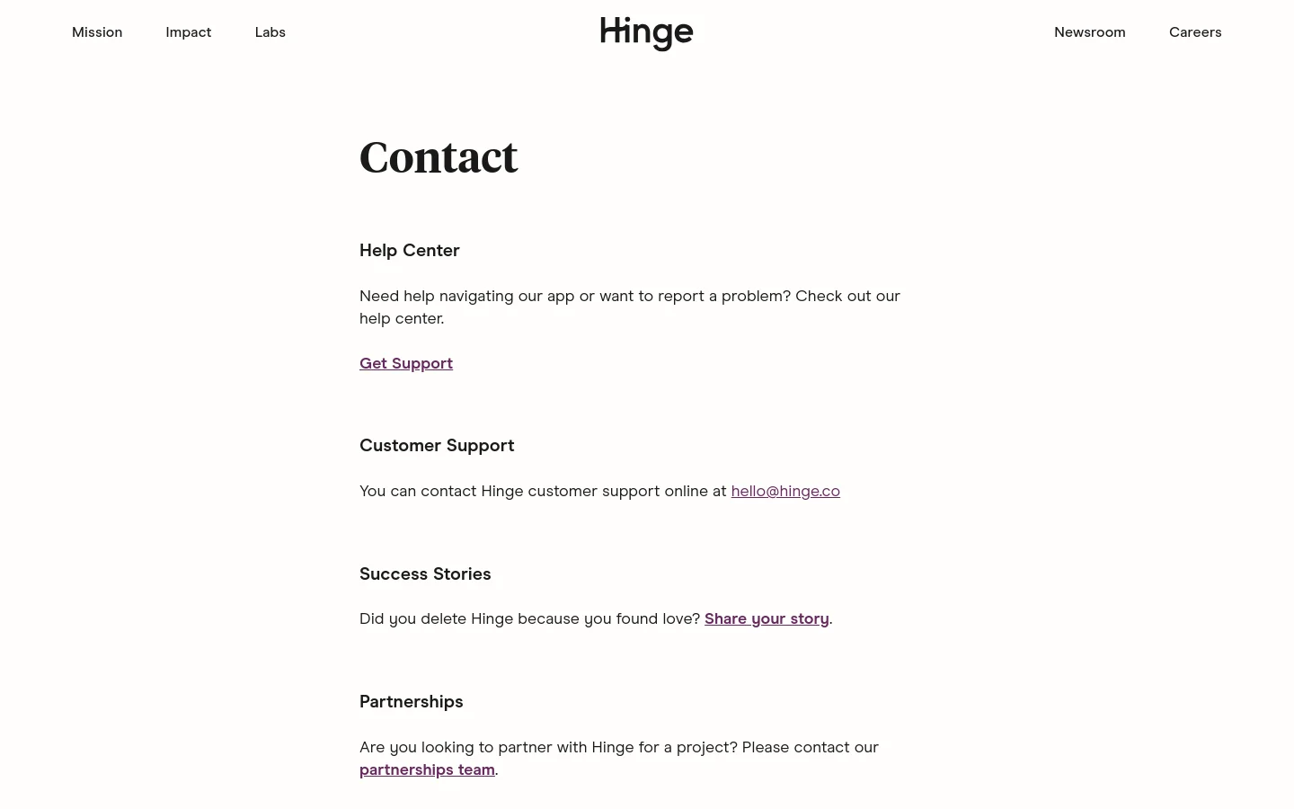The Hinge Contact page features a clean, minimalist white layout with black text and the Hinge logo centered at the top. A large 'Contact' headline is followed by four sections: Help Center with a 'Get Support' link, Customer Support with an email link, Success Stories with a 'Share your story' link, and Partnerships. The desktop navigation includes links for Mission, Impact, Labs, Newsroom, and Careers.