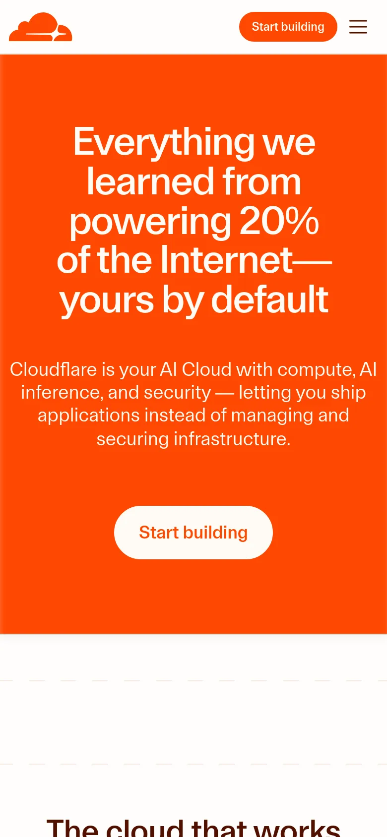 The mobile version simplifies the layout into a vertical stack, maintaining the bright orange hero background and large white headline. The top navigation is condensed into a hamburger menu icon next to a 'Start building' button, and the central 'Start building' call-to-action button is scaled to fit the narrower screen width.