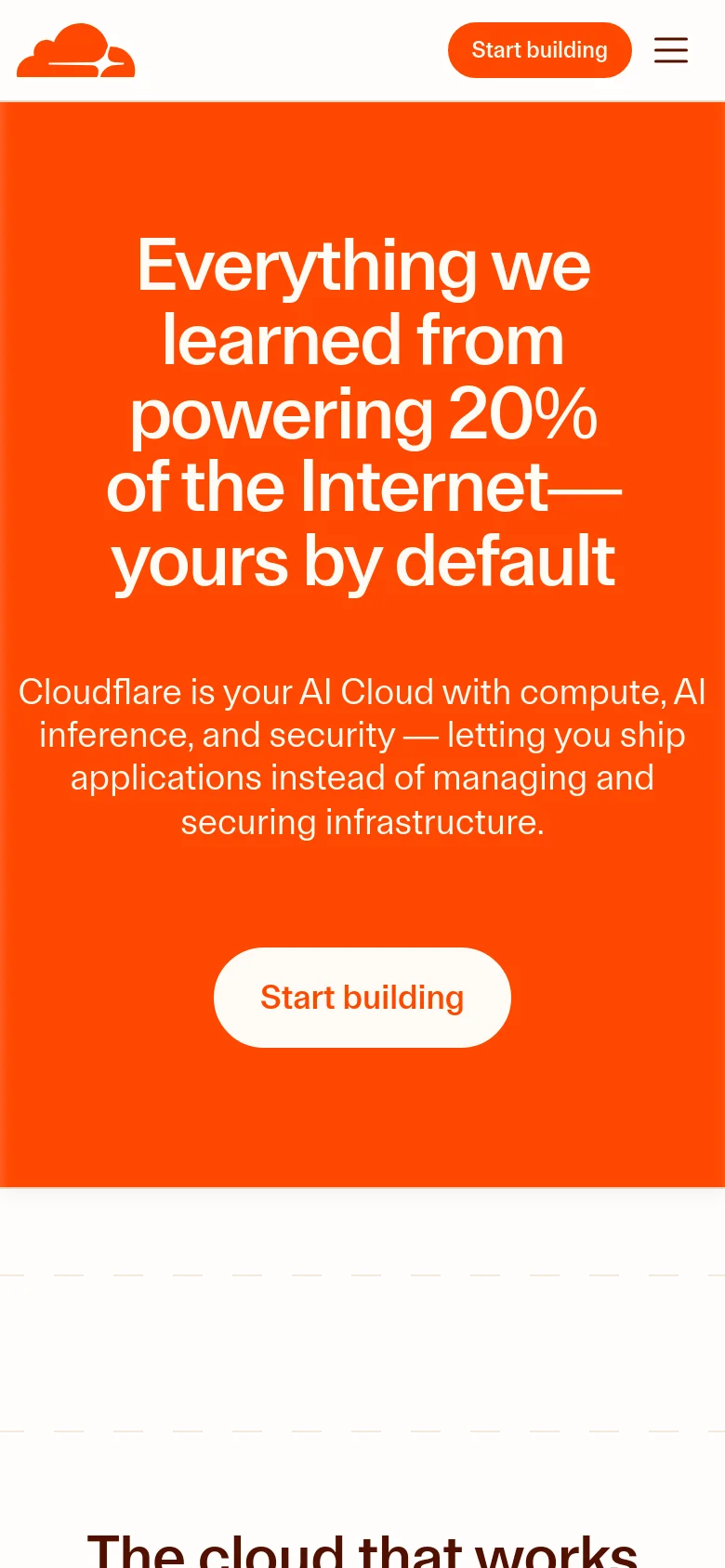 The mobile version simplifies the layout into a vertical stack, maintaining the bright orange hero background and large white headline. The top navigation is condensed into a hamburger menu icon next to a 'Start building' button, and the central 'Start building' call-to-action button is scaled to fit the narrower screen width.