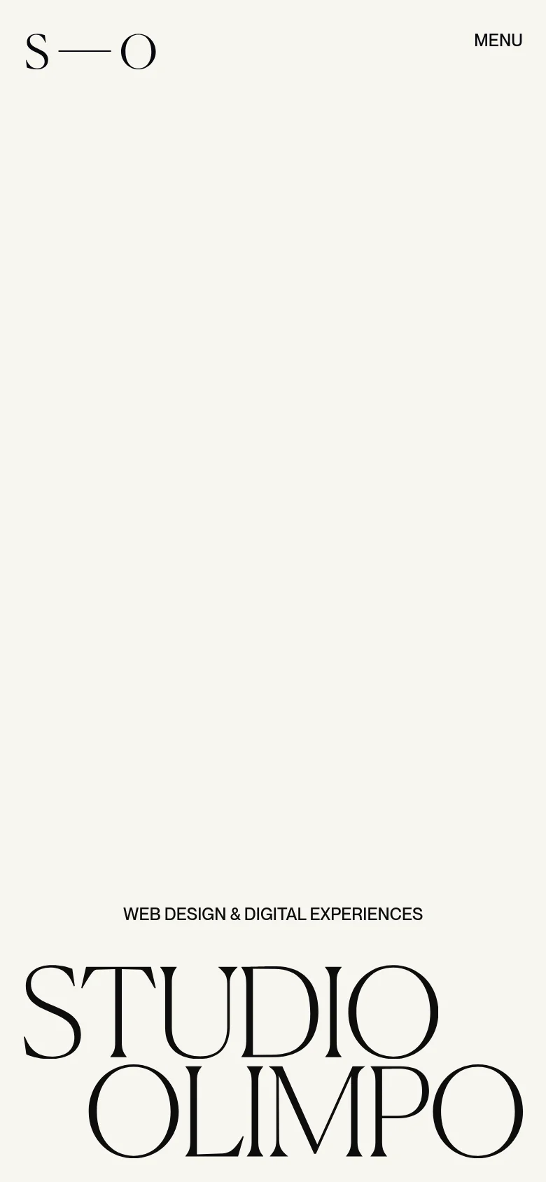 The mobile version maintains the minimalist aesthetic and large serif typography but scales the layout vertically for a narrower screen. The logo and headline are stacked, and the 'MENU' button remains positioned in the top right corner for easy access.