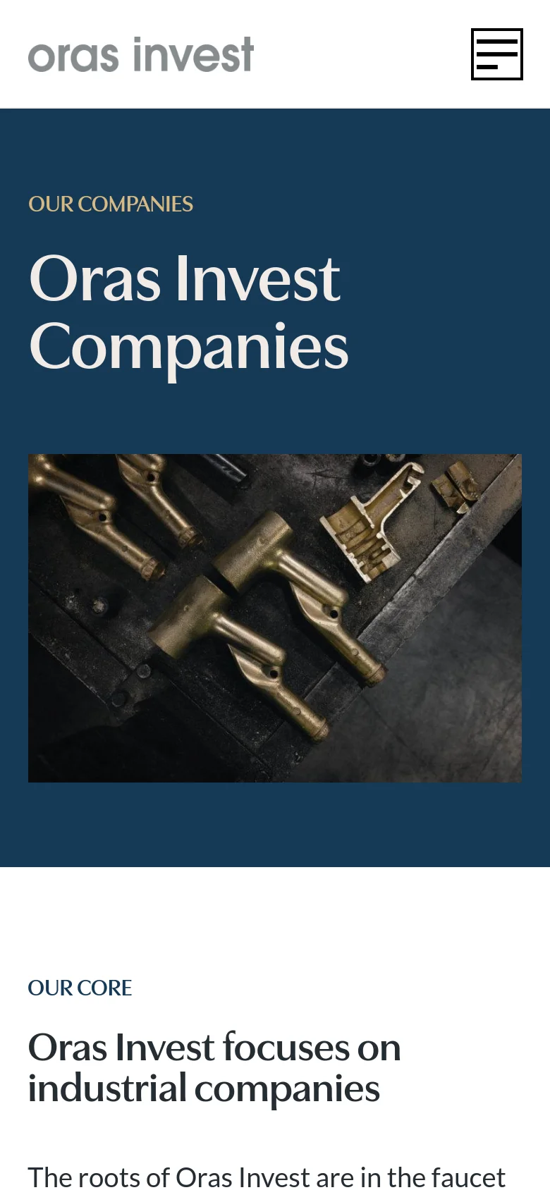 The mobile version displays a stacked layout where the dark blue hero section with the 'Oras Invest Companies' headline appears first, followed by the brass component image below it. The navigation is condensed into a hamburger menu icon on the right side of the white header. The content below transitions into a single-column text layout.