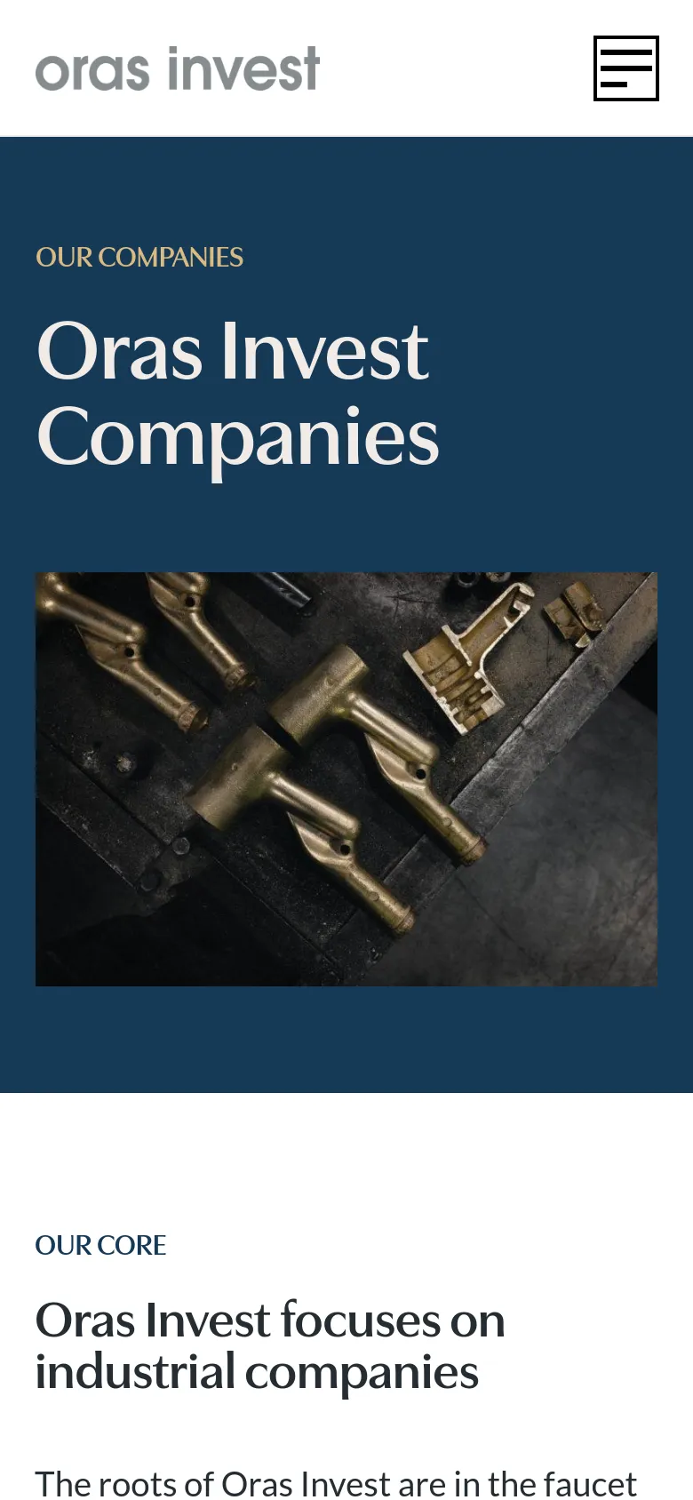 The mobile version displays a stacked layout where the dark blue hero section with the 'Oras Invest Companies' headline appears first, followed by the brass component image below it. The navigation is condensed into a hamburger menu icon on the right side of the white header. The content below transitions into a single-column text layout.