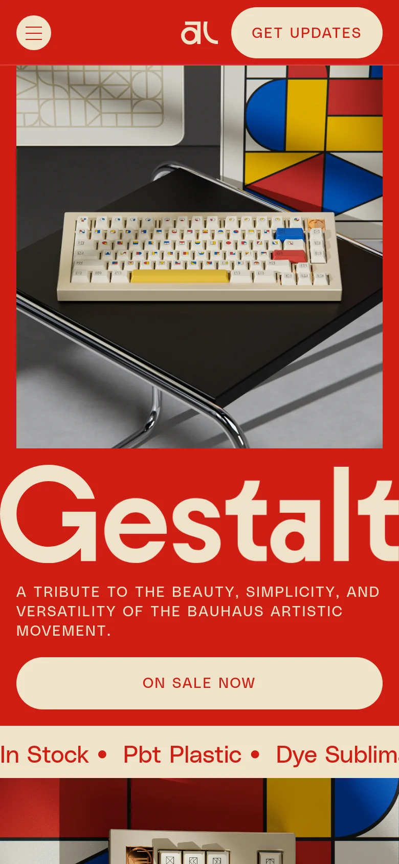 The mobile version presents a vertically stacked layout with the large 'Gestalt' title and red background dominating the view. The hero image of the keyboard is centered, and the 'ON SALE NOW' call to action is prominently displayed as a large white pill-shaped button near the bottom.