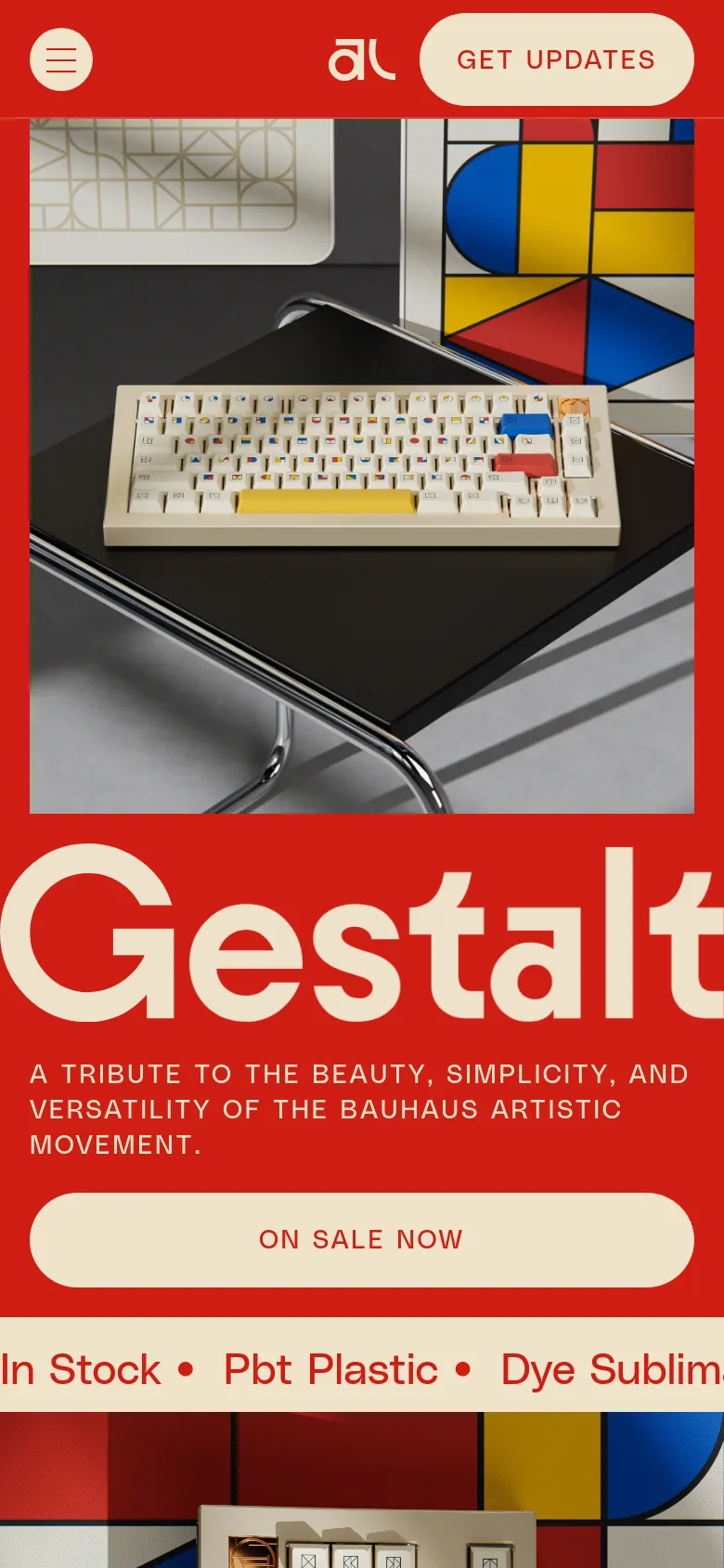 The mobile version presents a vertically stacked layout with the large 'Gestalt' title and red background dominating the view. The hero image of the keyboard is centered, and the 'ON SALE NOW' call to action is prominently displayed as a large white pill-shaped button near the bottom.