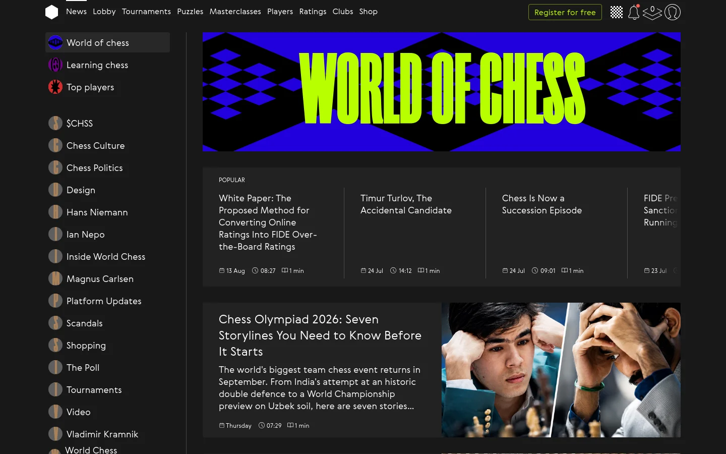 The News page features a dark theme with a large, vibrant hero banner displaying 'WORLD OF CHESS' in lime green text against a blue and black geometric pattern. A left-hand sidebar provides a list of news categories with circular icons, while the main content area shows a 'Popular' section with article cards and a large featured article below with a high-quality photograph of a chess player.