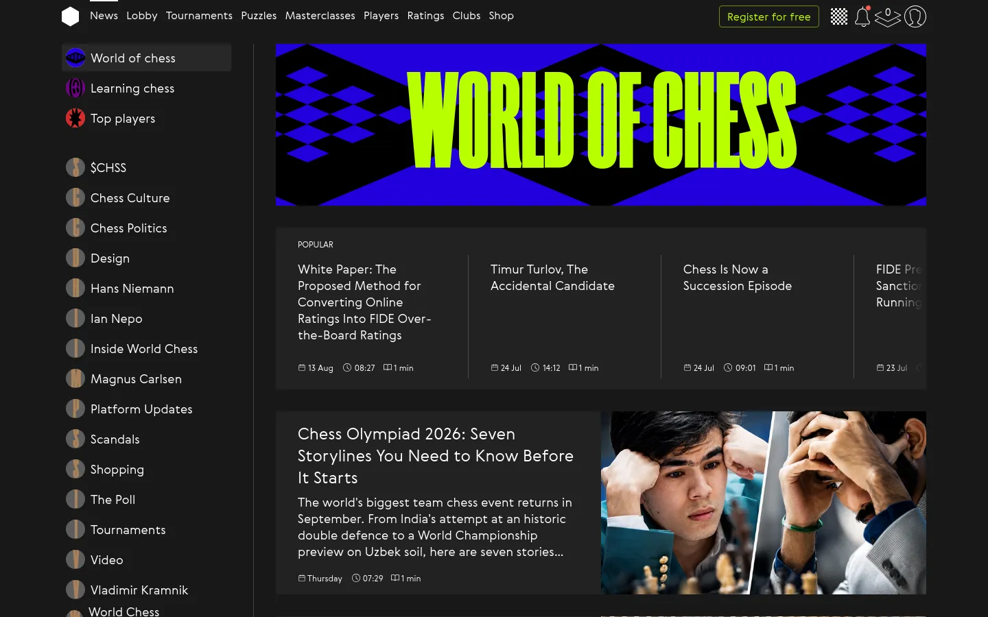 The News page features a dark theme with a large, vibrant hero banner displaying 'WORLD OF CHESS' in lime green text against a blue and black geometric pattern. A left-hand sidebar provides a list of news categories with circular icons, while the main content area shows a 'Popular' section with article cards and a large featured article below with a high-quality photograph of a chess player.