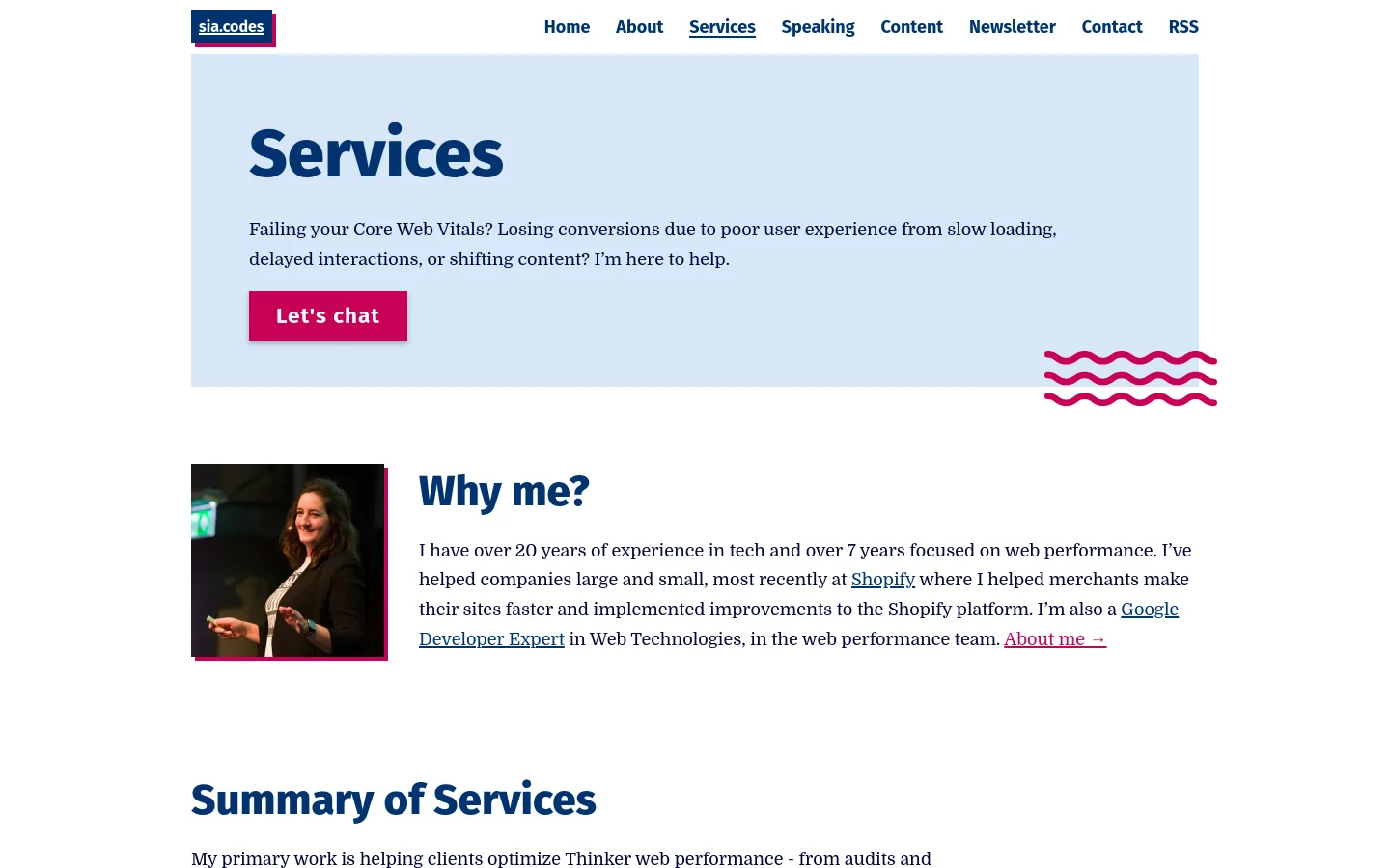 The desktop page features a light blue hero section with the headline 'Services', a brief description about Core Web Vitals, and a dark pink 'Let's chat' button. Below, a 'Why me?' section includes a portrait of a woman on the left and text on the right, followed by a 'Summary of Services' section organized into three columns: Build, Optimize, and Learn.