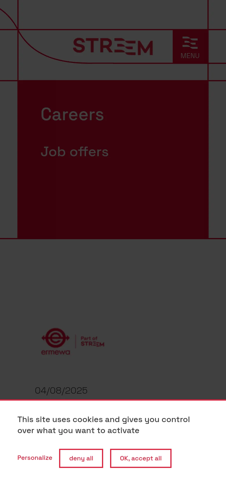 The mobile version maintains the dark red hero header with 'Careers' and 'Job offers' text, but the layout is vertically stacked for smaller screens. The job listings appear as single-column entries with the Ermewa logo and job details, and the navigation menu is condensed into a hamburger icon in the top right corner.