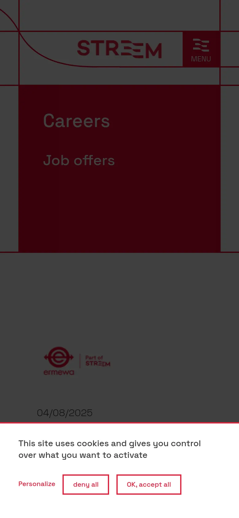 The mobile version maintains the dark red hero header with 'Careers' and 'Job offers' text, but the layout is vertically stacked for smaller screens. The job listings appear as single-column entries with the Ermewa logo and job details, and the navigation menu is condensed into a hamburger icon in the top right corner.