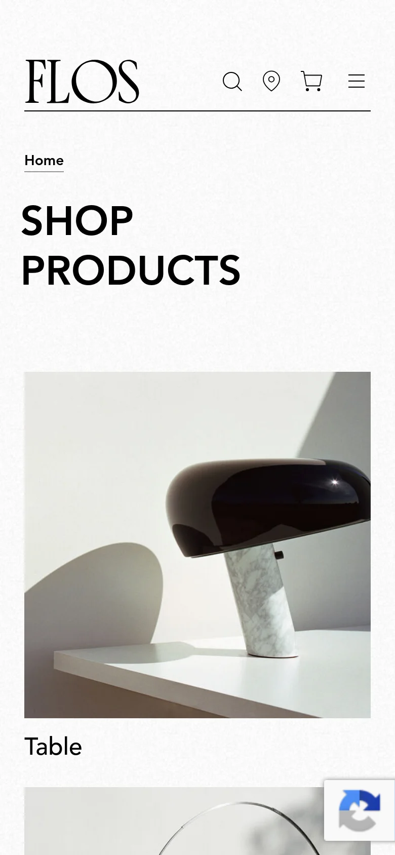 The mobile version presents a single-column vertical layout of the product categories. The 'SHOP PRODUCTS' headline is prominent at the top, followed by large, full-width images for each category like Table and Floor, with a simplified navigation menu containing a search icon, location pin, shopping cart, and hamburger menu.