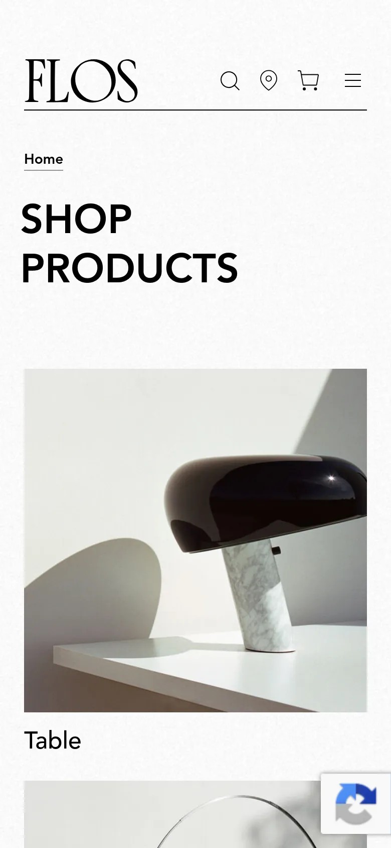 The mobile version presents a single-column vertical layout of the product categories. The 'SHOP PRODUCTS' headline is prominent at the top, followed by large, full-width images for each category like Table and Floor, with a simplified navigation menu containing a search icon, location pin, shopping cart, and hamburger menu.