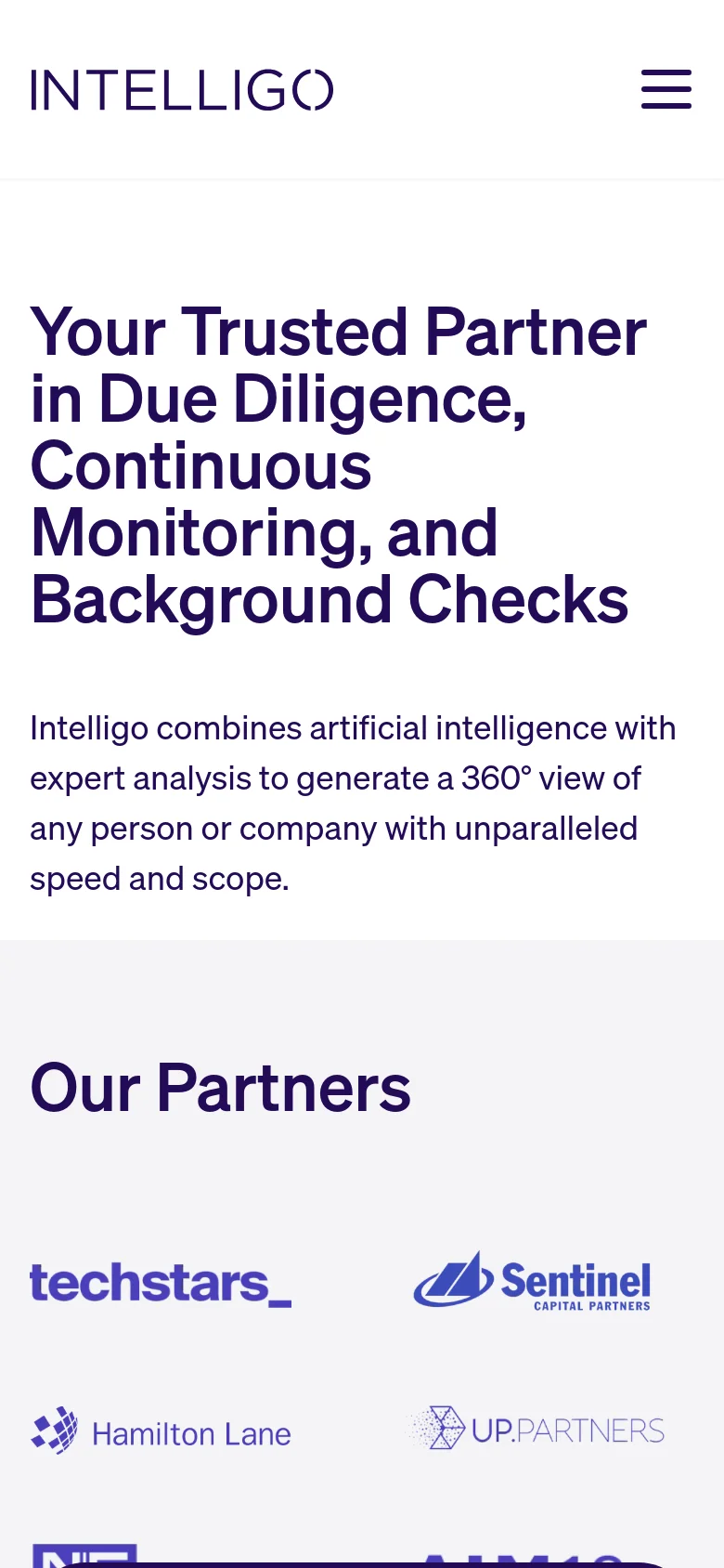 The mobile version simplifies the layout with a hamburger menu icon in the top right and the Intelligo logo on the left. The hero text is stacked vertically to fit the narrow screen, and the 'Our Partners' section displays the partner logos in a single-column vertical arrangement.