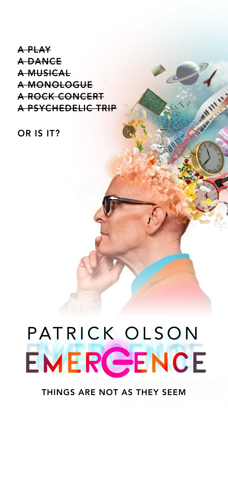 The mobile version presents a vertically stacked layout of the same surreal hero imagery, with the man's profile and the exploding colorful objects occupying the top half. The text elements, including the list of performance types and the main title 'PATRICK OLSON EMERGENCE', are centered below the image for readability on a narrow screen.