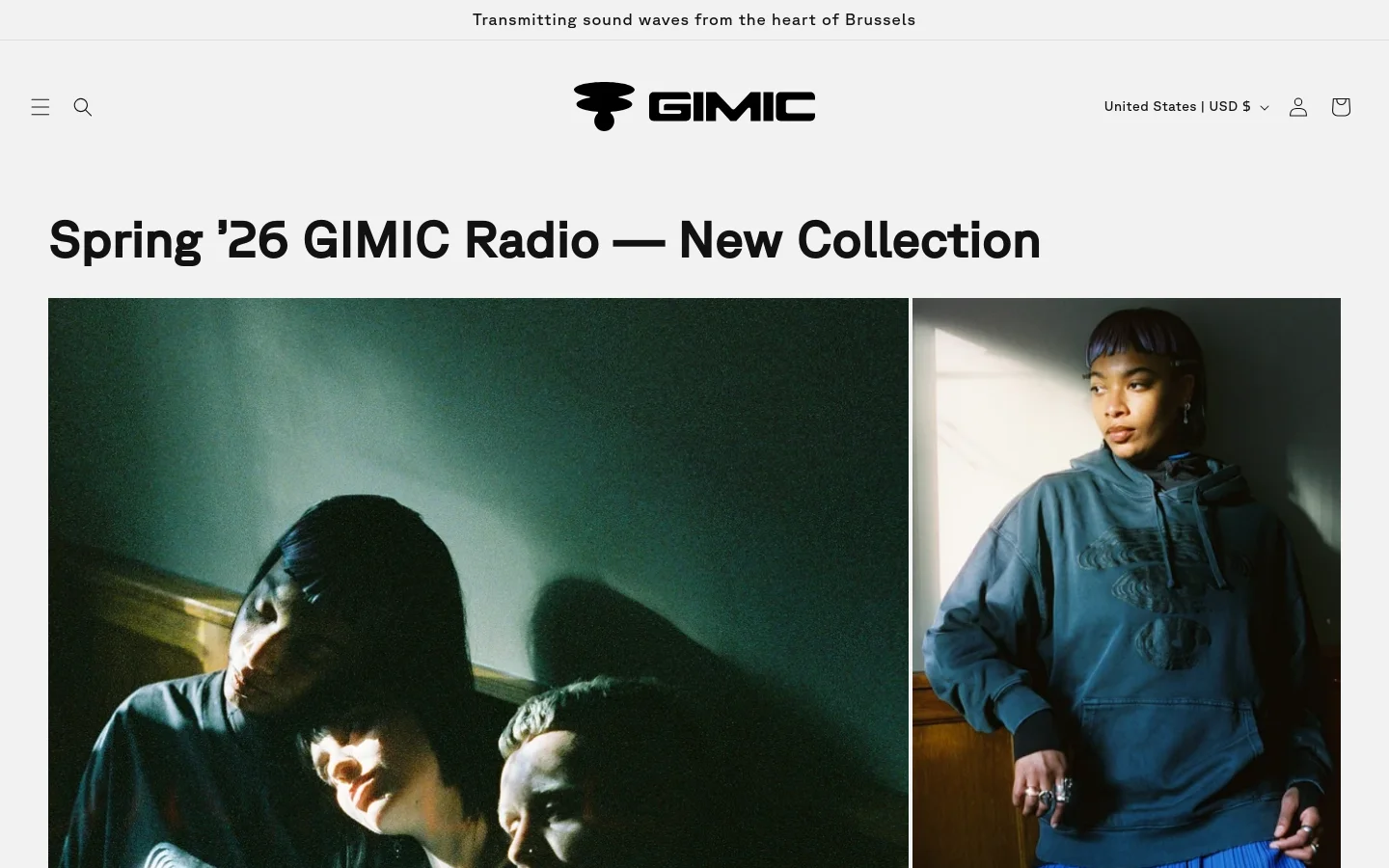 The GIMIC Radio Store homepage features a minimalist white design with a large hero image showing three people in moody lighting. Below the headline 'Spring '26 GIMIC Radio — New Collection', a grid displays various apparel items like hoodies and t-shirts with prices and 'Sold out' labels. The desktop layout includes a top navigation bar with a logo, search icon, currency selector, and shopping bag.