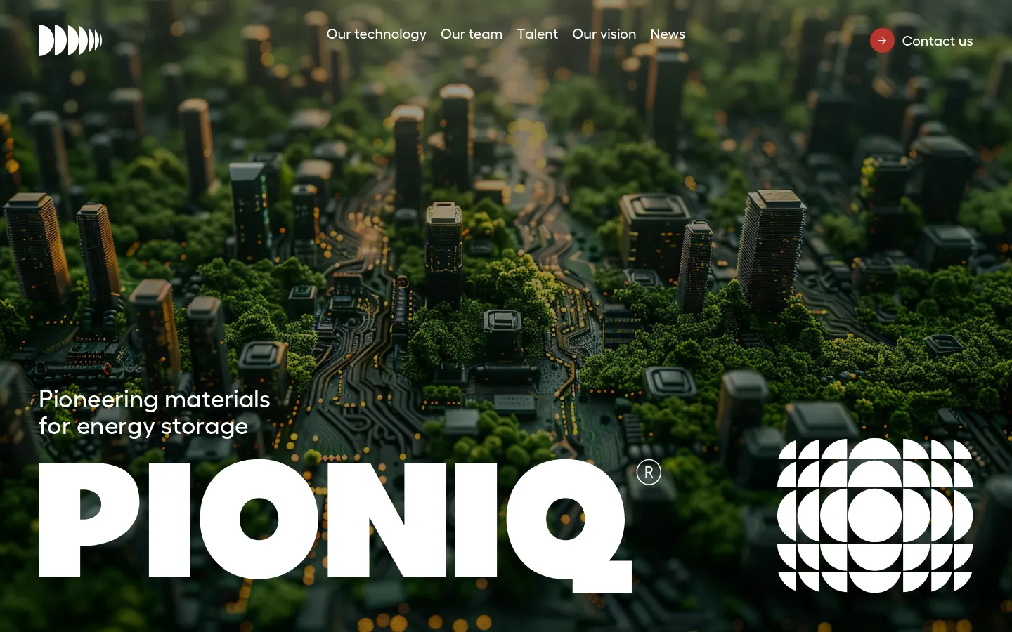 The desktop homepage features a wide hero image of a futuristic city integrated with circuit board patterns and lush greenery. The large white 'PIONIQ' logo and headline 'Pioneering materials for energy storage' are centered over the image, with a navigation menu at the top and a 'Contact us' button on the right.