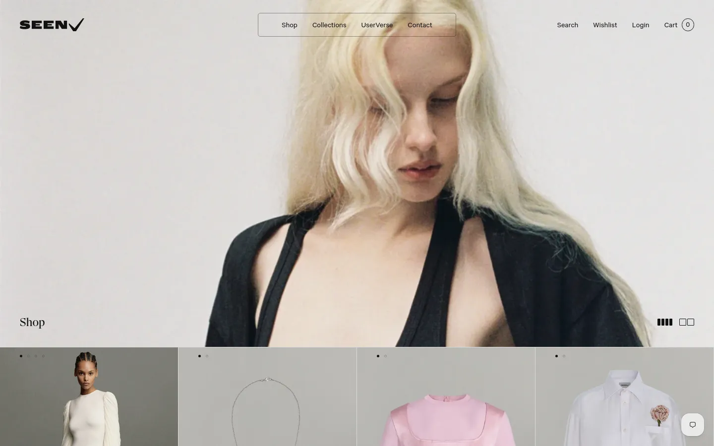 The desktop shop page features a large hero image of a blonde woman in a black top and light blue jeans against a neutral background. Below the hero section, a product grid displays clothing and jewelry items on a light gray background, with a navigation bar at the top containing links for Shop, Collections, UserVerse, and Contact.