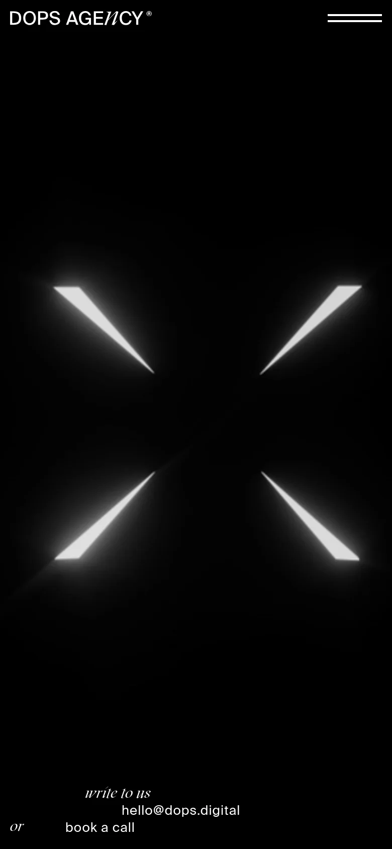 The mobile version maintains the dark aesthetic and central glowing X-shaped light motif but uses a condensed layout. The navigation is replaced by a hamburger menu icon in the top right, and the text elements are rearranged to fit a vertical orientation, prioritizing the hero headline and contact links.