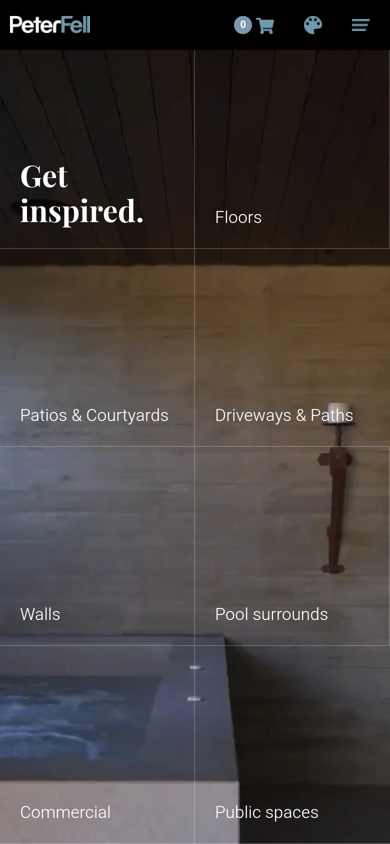The mobile version presents a vertically stacked layout with a dark header containing the logo, a shopping cart, and a hamburger menu. The 'Get inspired.' headline is prominently displayed over a darkened hero image, followed by a grid of large, touch-friendly tiles for various service categories like Floors and Walls.