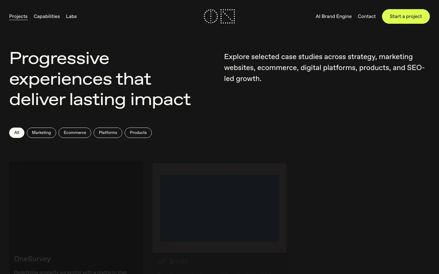 The desktop page features a dark theme with a large headline, 'Progressive experiences that deliver lasting impact,' on the left and a descriptive subheadline on the right. Below the header, a row of pill-shaped category filters includes 'All,' 'Marketing,' 'Ecommerce,' 'Platforms,' and 'Products.' A grid of project cards follows, displaying project titles and descriptions against a dark background.
