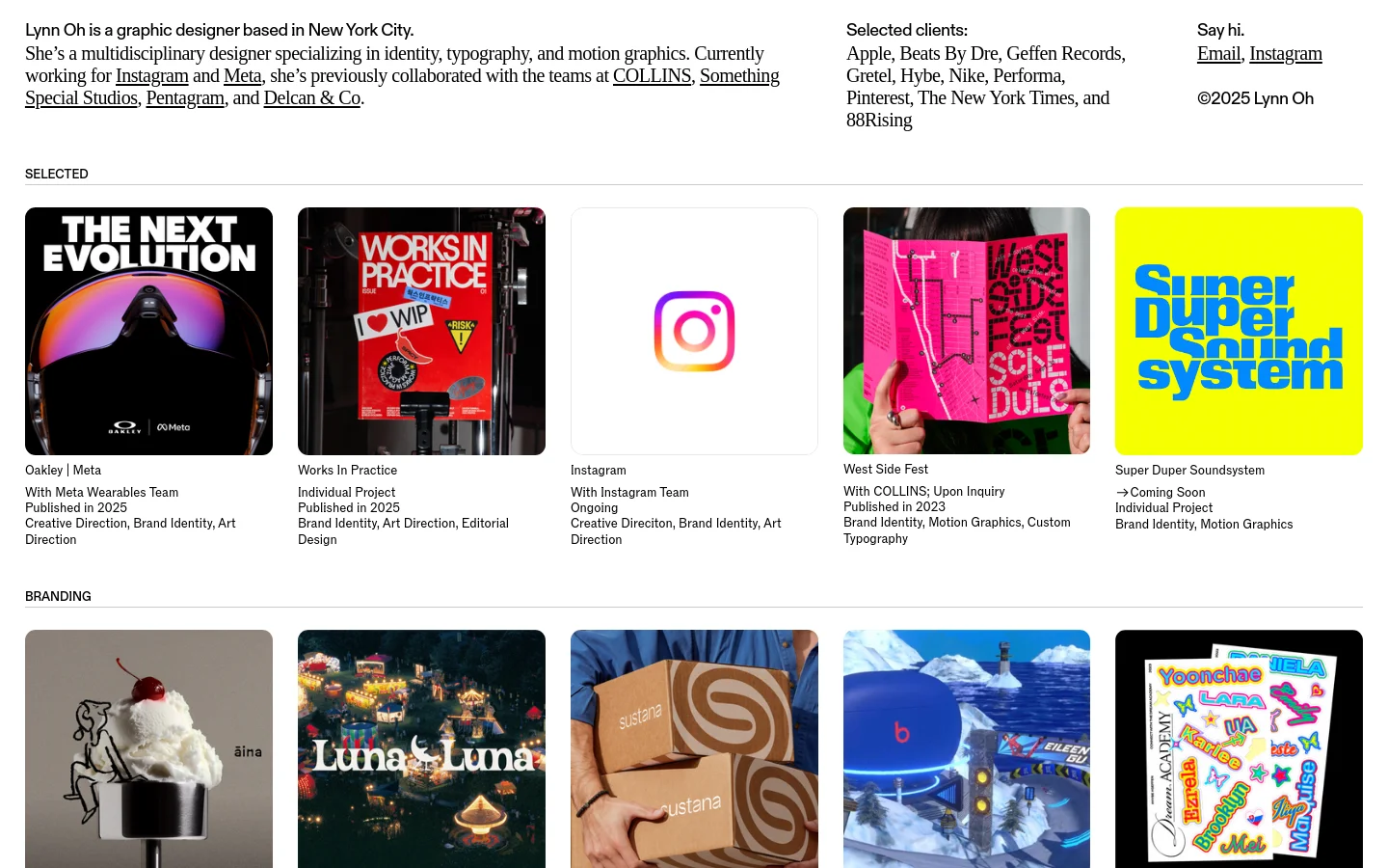 A minimalist portfolio website with a white background and black text. The layout features a header with a professional bio, followed by a grid of large, colorful rectangular project thumbnails showcasing diverse design work like branding and motion graphics. Projects are listed with titles, collaborators, and descriptions underneath each image.