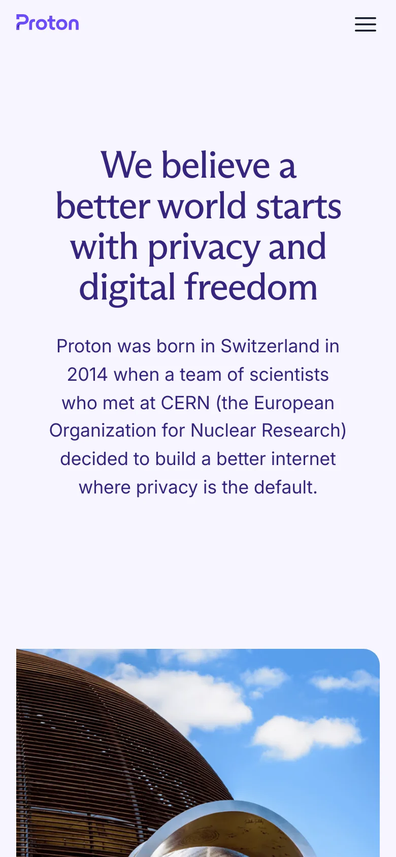 The mobile version presents a simplified vertical layout with a white background and a hamburger menu icon in the top right. The headline and introductory text are centered and stacked vertically, followed by the same architectural imagery appearing below the text content.