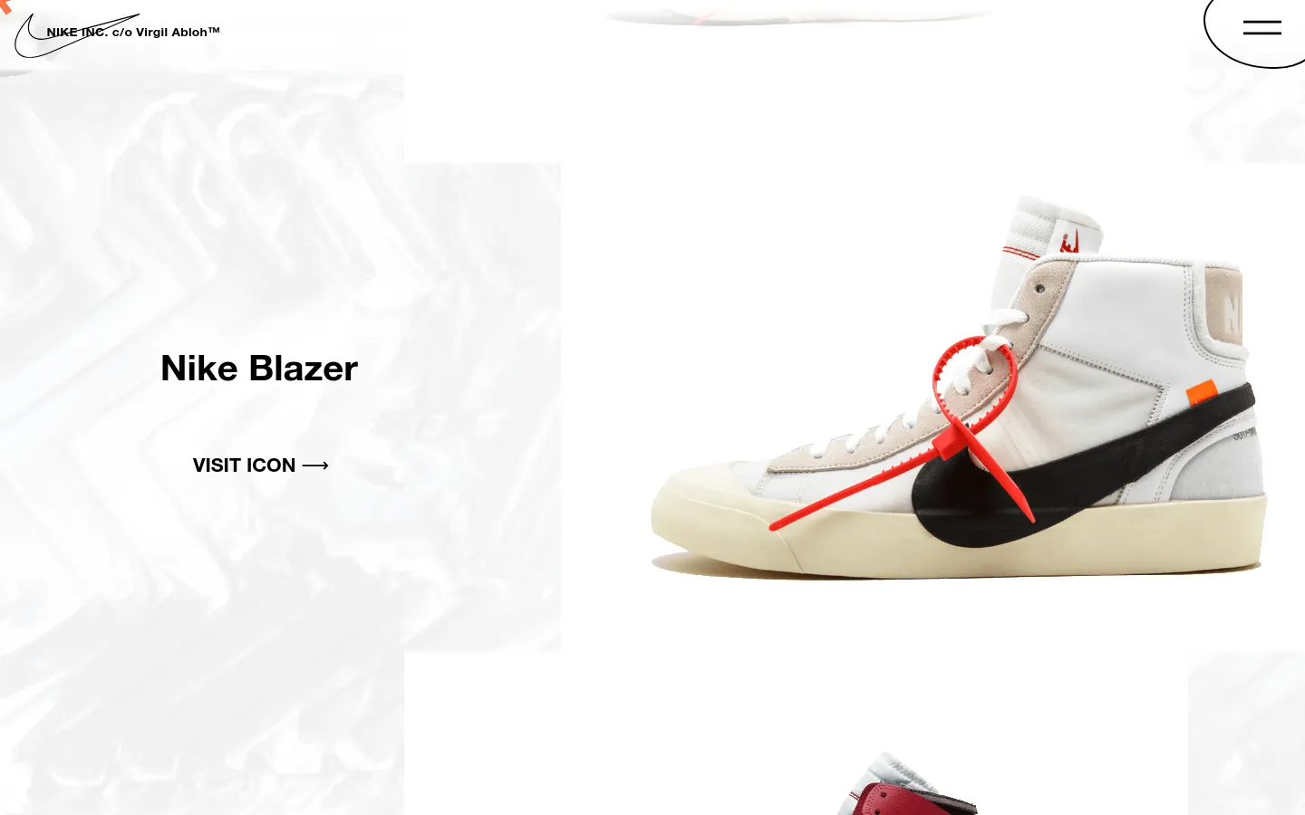 A minimalist desktop landing page for the Nike Blazer featuring a large high-top white sneaker with a black swoosh and red zip-tie detail on the right. The left side displays the bold headline 'Nike Blazer' and a 'VISIT ICON' call to action against a light, textured background. The layout is spacious with a white and light grey color palette and a small logo in the top left corner.