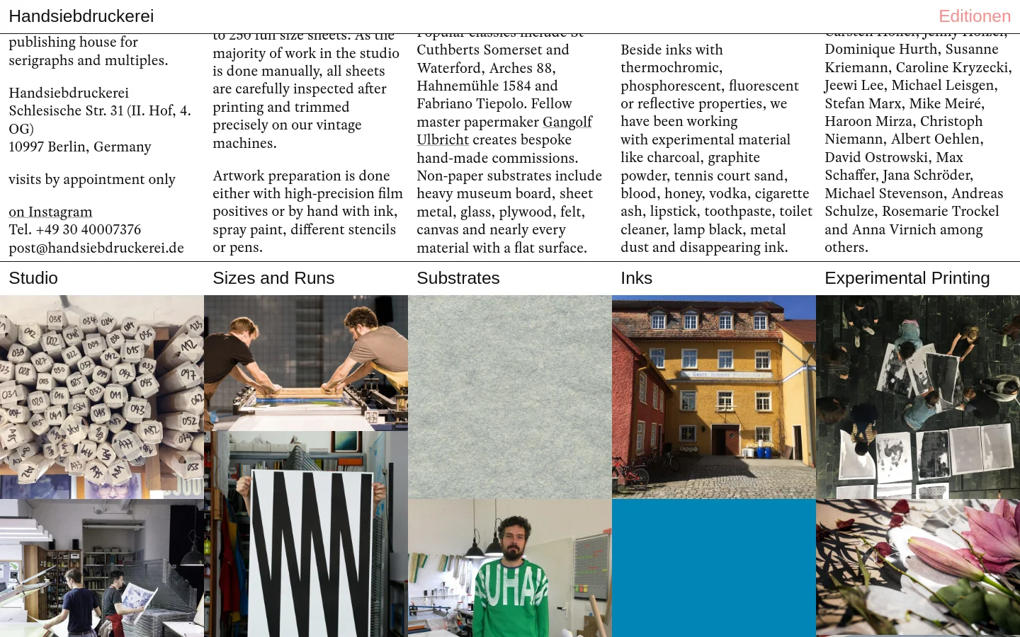 The desktop homepage features a minimalist design with a white background and black text. A navigation menu is at the top, followed by contact information on the left and a main text section on the right. Below, a grid of large, colorful square images showcases studio work, including printing processes and finished artworks, organized under headings like Studio, Sizes and Runs, Substrates, Inks, and Experimental Printing.