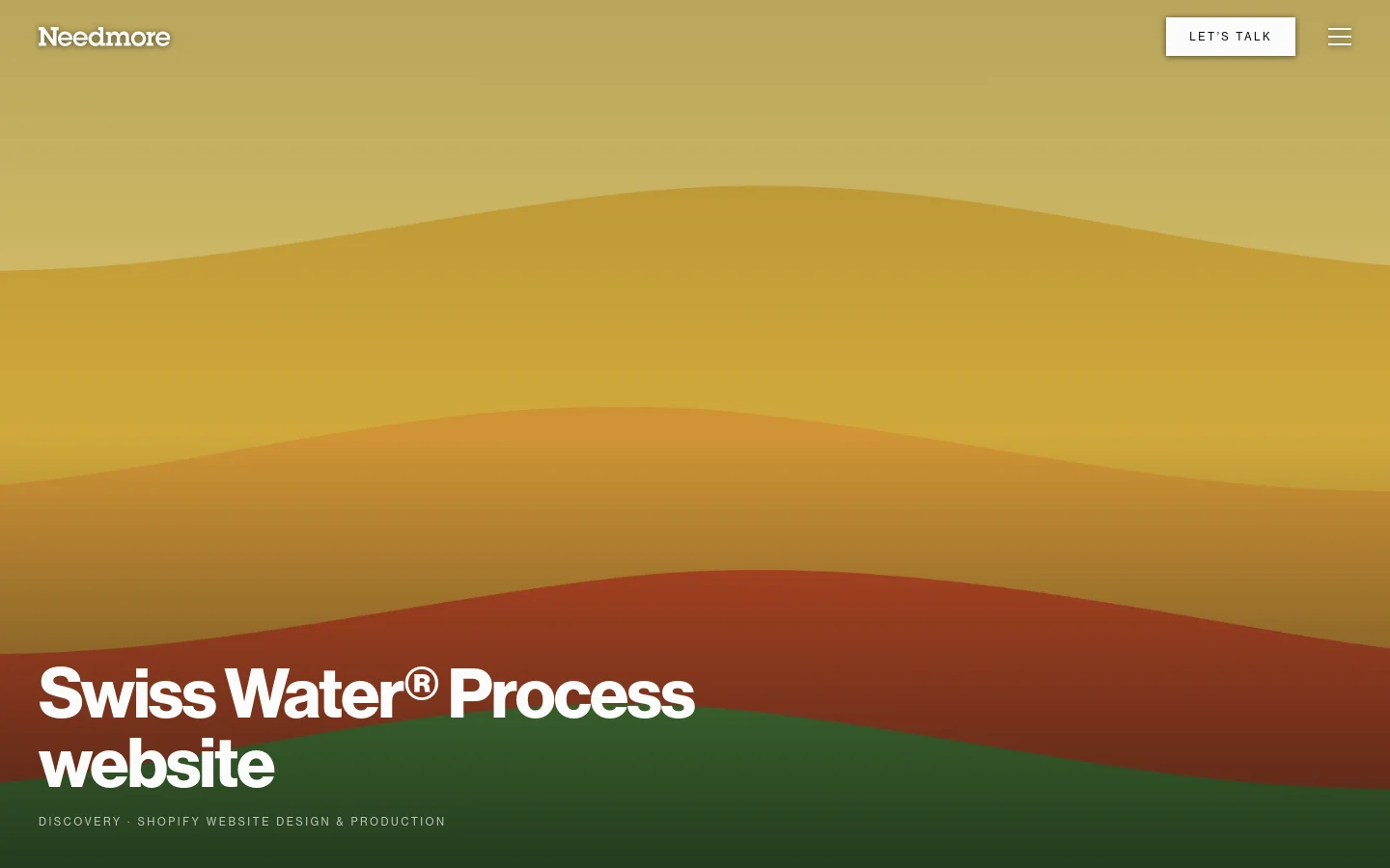 A portfolio page for the Swiss Water website featuring a large hero section with wavy, layered landscape patterns in shades of gold, orange, red, and green. The headline 'Swiss Water® Process website' is displayed in large white bold text in the bottom left, with service tags underneath. The Needmore logo and a 'LET'S TALK' button are positioned in the top header.