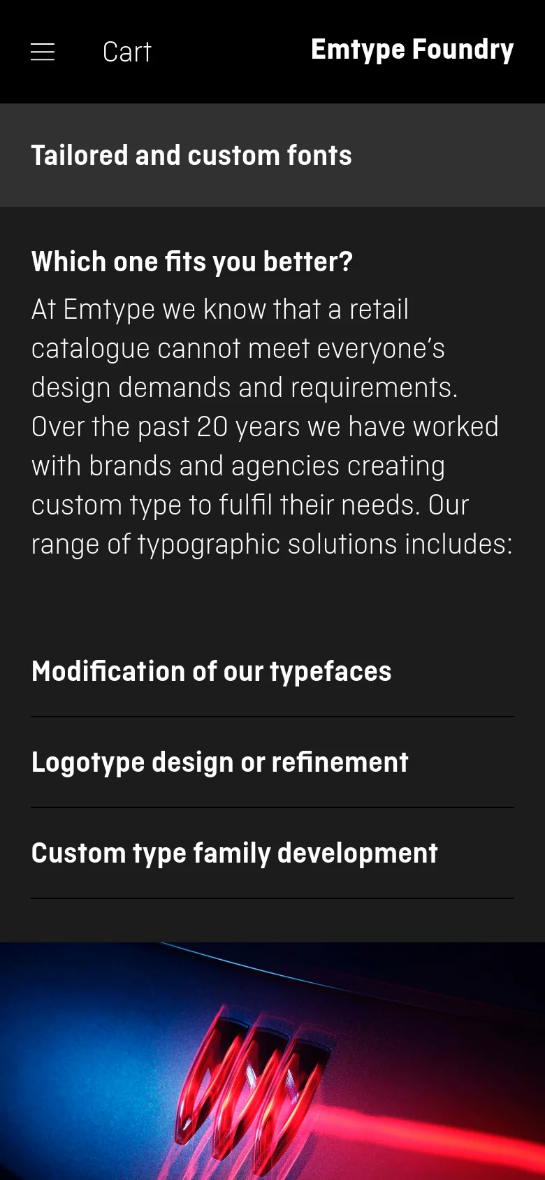 The mobile version uses a single-column vertical layout with a dark background. The navigation is condensed into a hamburger menu, and the three service sections are stacked vertically as text blocks. The large project imagery is scaled to fit the width of the screen, appearing one after another as the user scrolls.