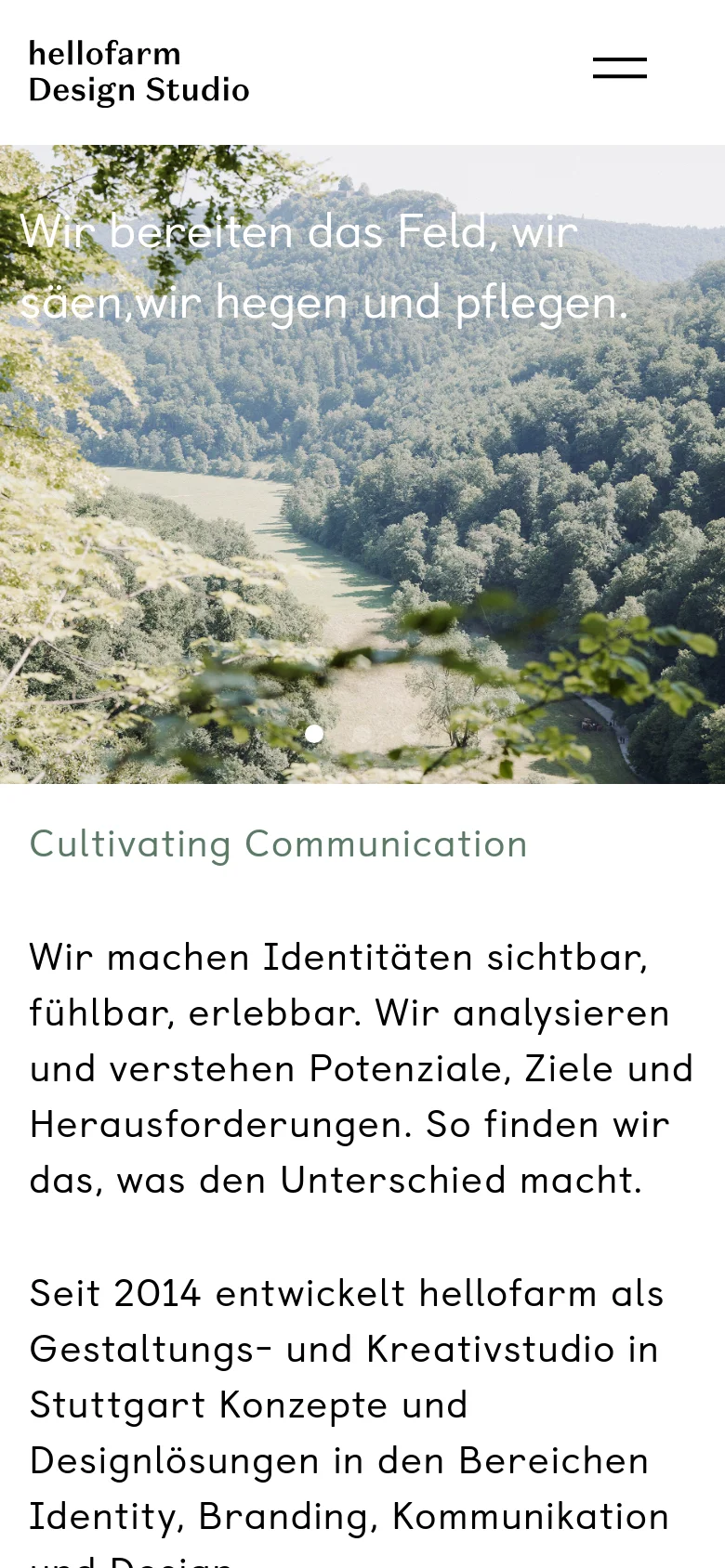 The mobile version simplifies the layout, replacing the top navigation menu with a hamburger icon on the right. The hero image and large white headline remain prominent, but the text is scaled to fit the narrower screen width.