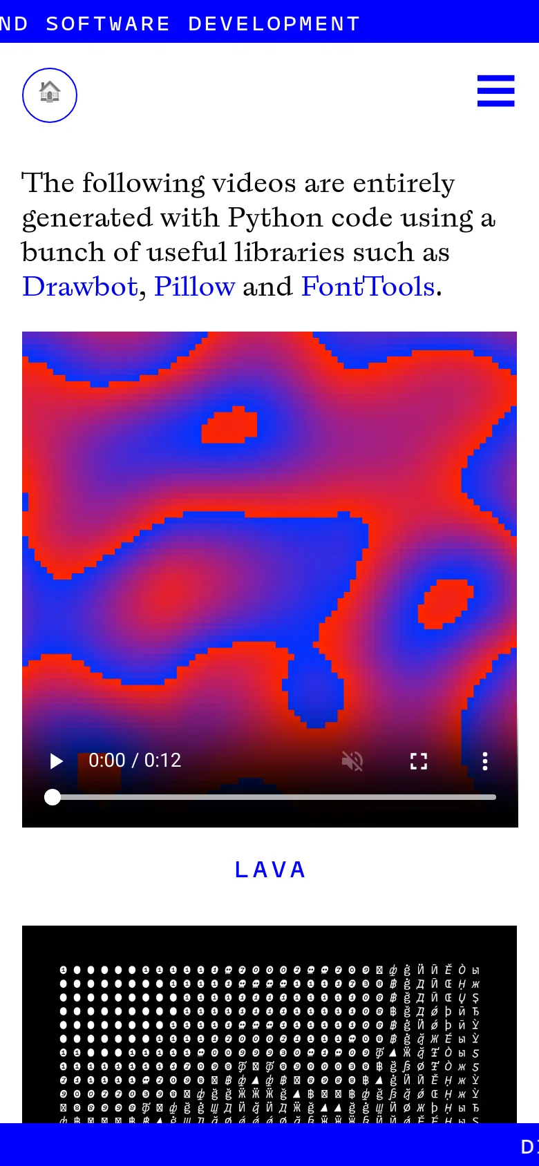 The mobile version features a simplified layout with a white background and blue accents. The navigation is condensed into a hamburger menu icon at the top right, while the introductory text and video players are stacked vertically in a single column for easier scrolling.