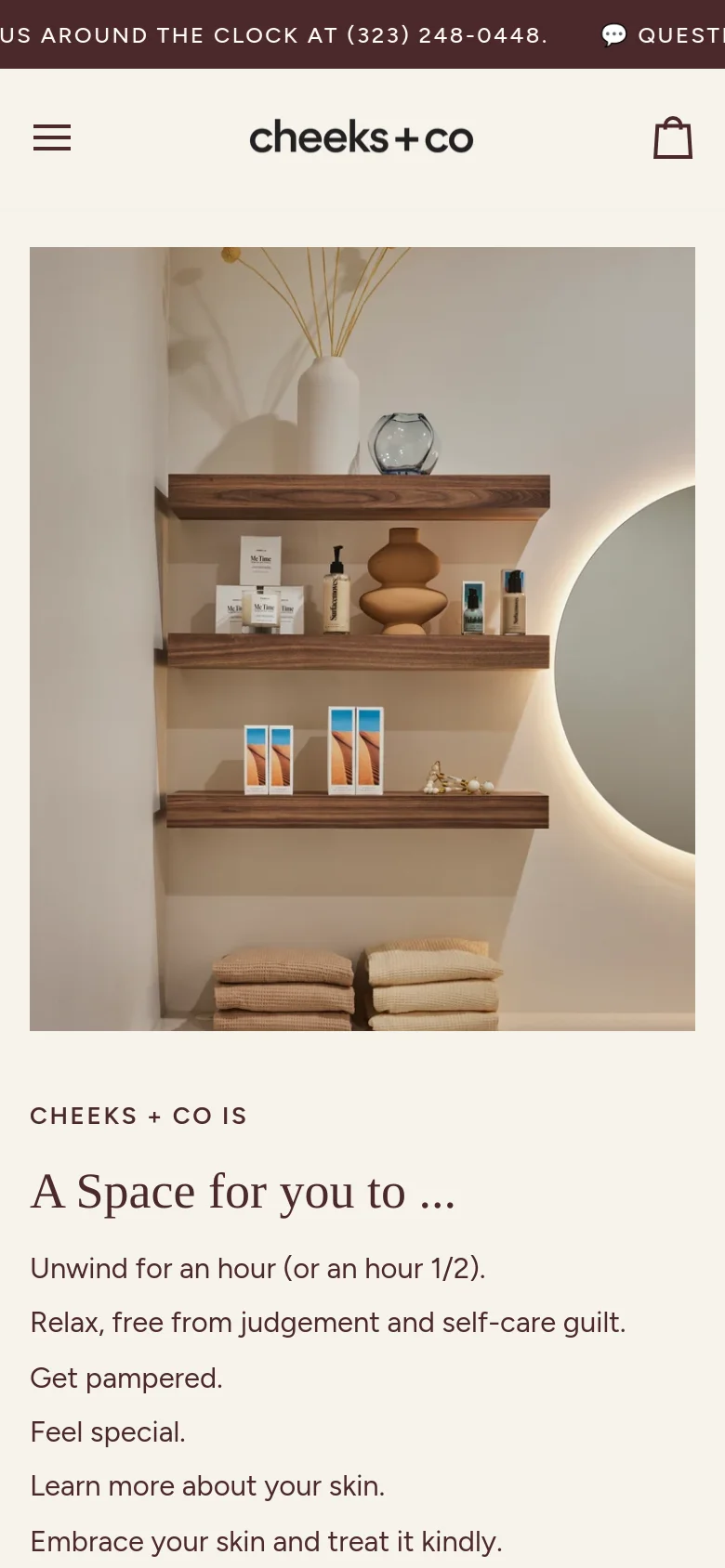 The mobile version uses a single-column vertical layout optimized for smaller screens. The hero image of skincare products appears at the top, followed by the 'A Space for you to...' text and list, with the navigation menu condensed into a hamburger icon at the top left.