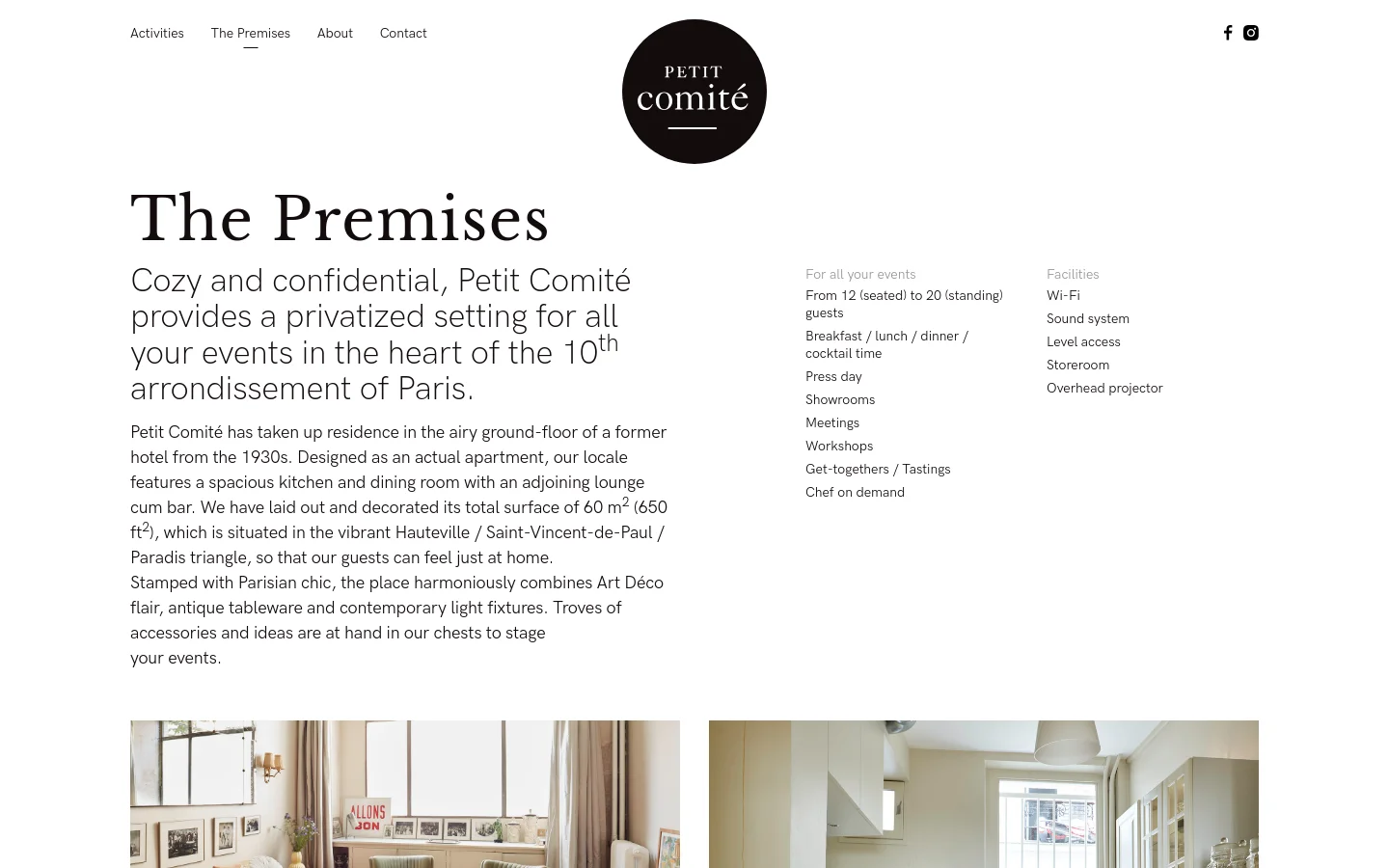 The desktop page features a minimalist design with a white background and black text. A circular logo for 'Petit Comité' is centered at the top, above a large 'The Premises' headline and descriptive text. To the right of the text, two columns list 'For all your events' and 'Facilities,' while large interior photographs are partially visible at the bottom.