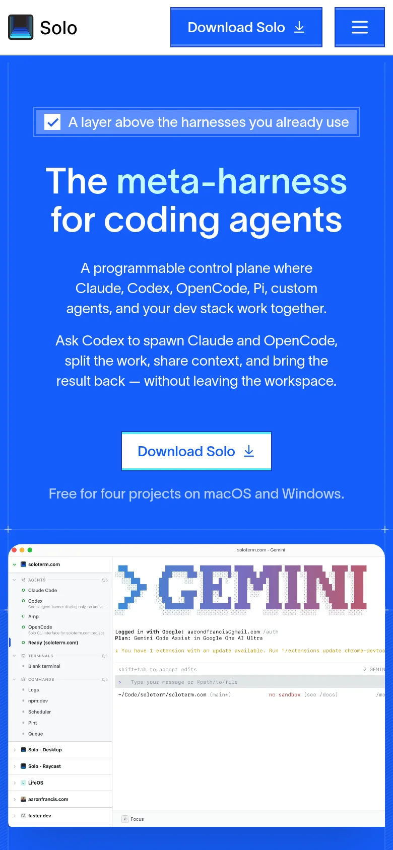 The mobile version presents a vertically stacked layout with a bright blue background and white typography. The main headline and description are centered, followed by a large 'Download Solo' button and a simplified app interface screenshot at the bottom. The desktop navigation bar is replaced by a hamburger menu icon in the top right.