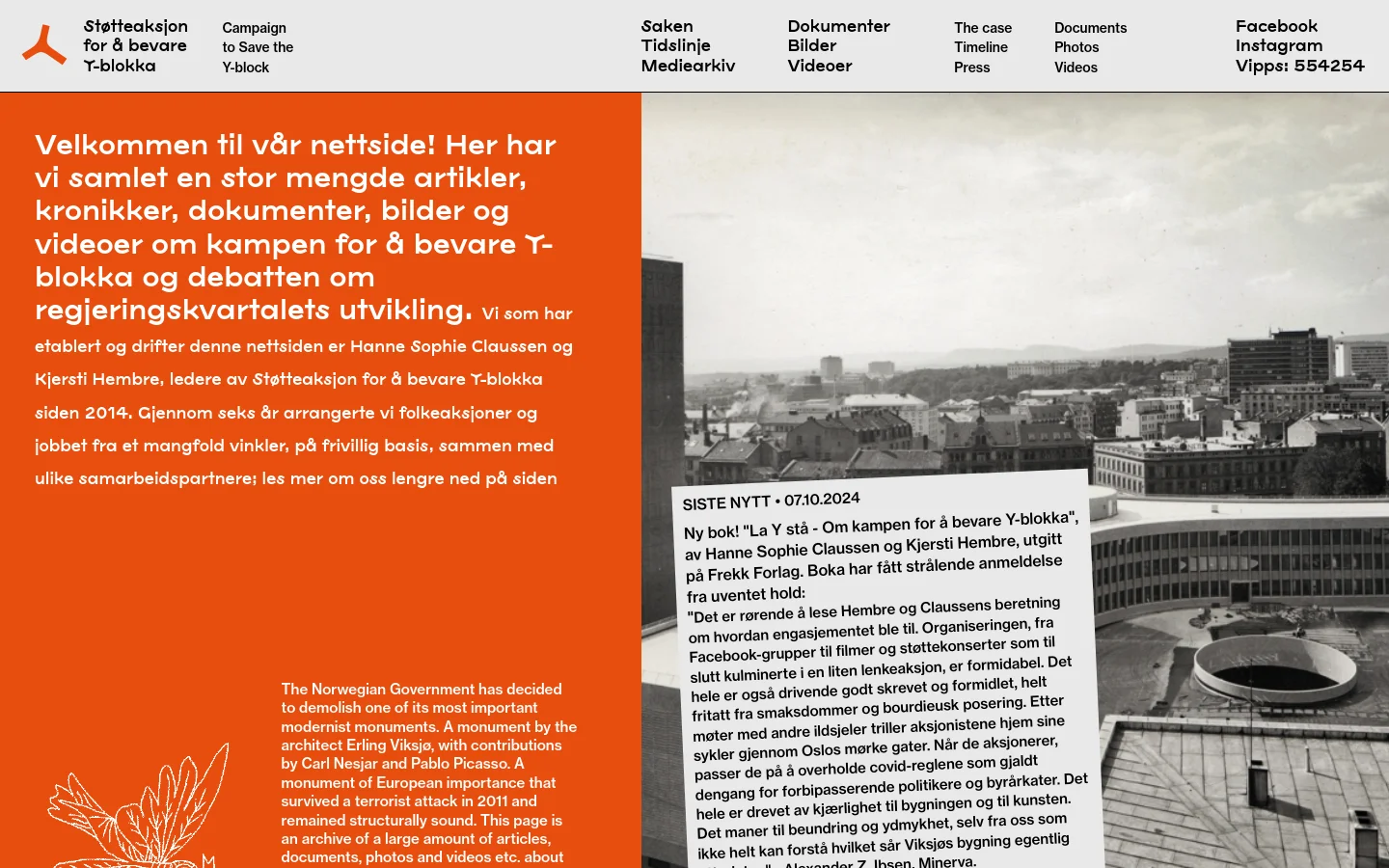 The desktop homepage features a large black and white photograph of the Y-block building with a white line drawing of a bee overlaid on it. A prominent orange section on the left contains white text welcoming visitors and explaining the campaign's mission. The navigation menu is spread across the top in black text on a white background, and a white content box with a book review sits over the bottom right of the image.