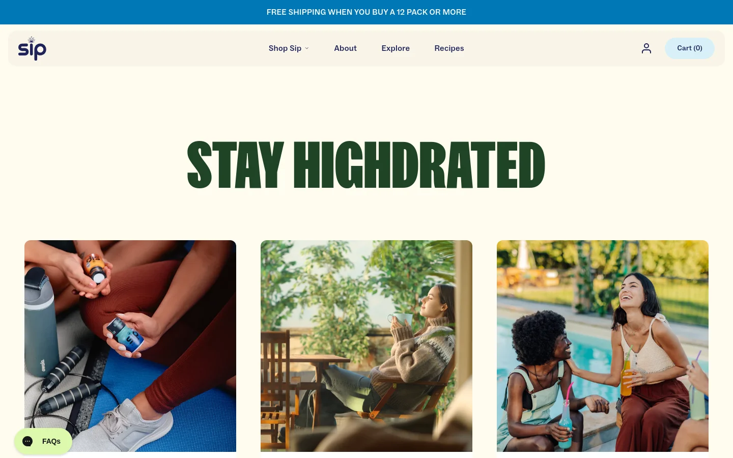 The desktop page features a large, bold headline reading 'STAY HIGDRATED' in dark green against a cream background. Below the headline, a grid of blog post cards displays lifestyle imagery, such as people enjoying drinks outdoors, paired with article titles and 'Read more' links. A navigation bar at the top includes links for Shop, About, Explore, and Recipes, alongside a shopping cart icon.