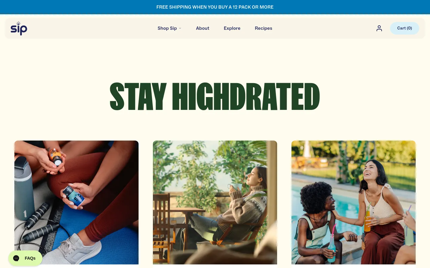 The desktop page features a large, bold headline reading 'STAY HIGDRATED' in dark green against a cream background. Below the headline, a grid of blog post cards displays lifestyle imagery, such as people enjoying drinks outdoors, paired with article titles and 'Read more' links. A navigation bar at the top includes links for Shop, About, Explore, and Recipes, alongside a shopping cart icon.